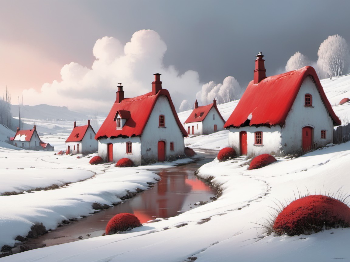 Serene winter landscape with cottages and snow features