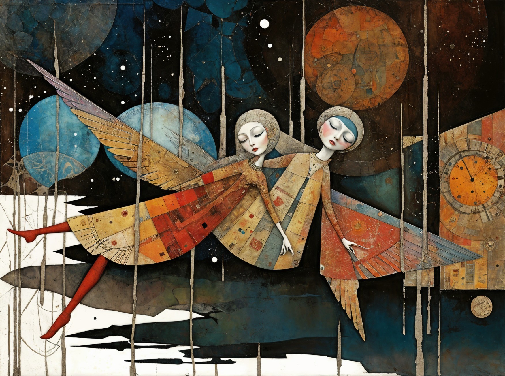 Ethereal Figures with Wings in Cosmic Landscape