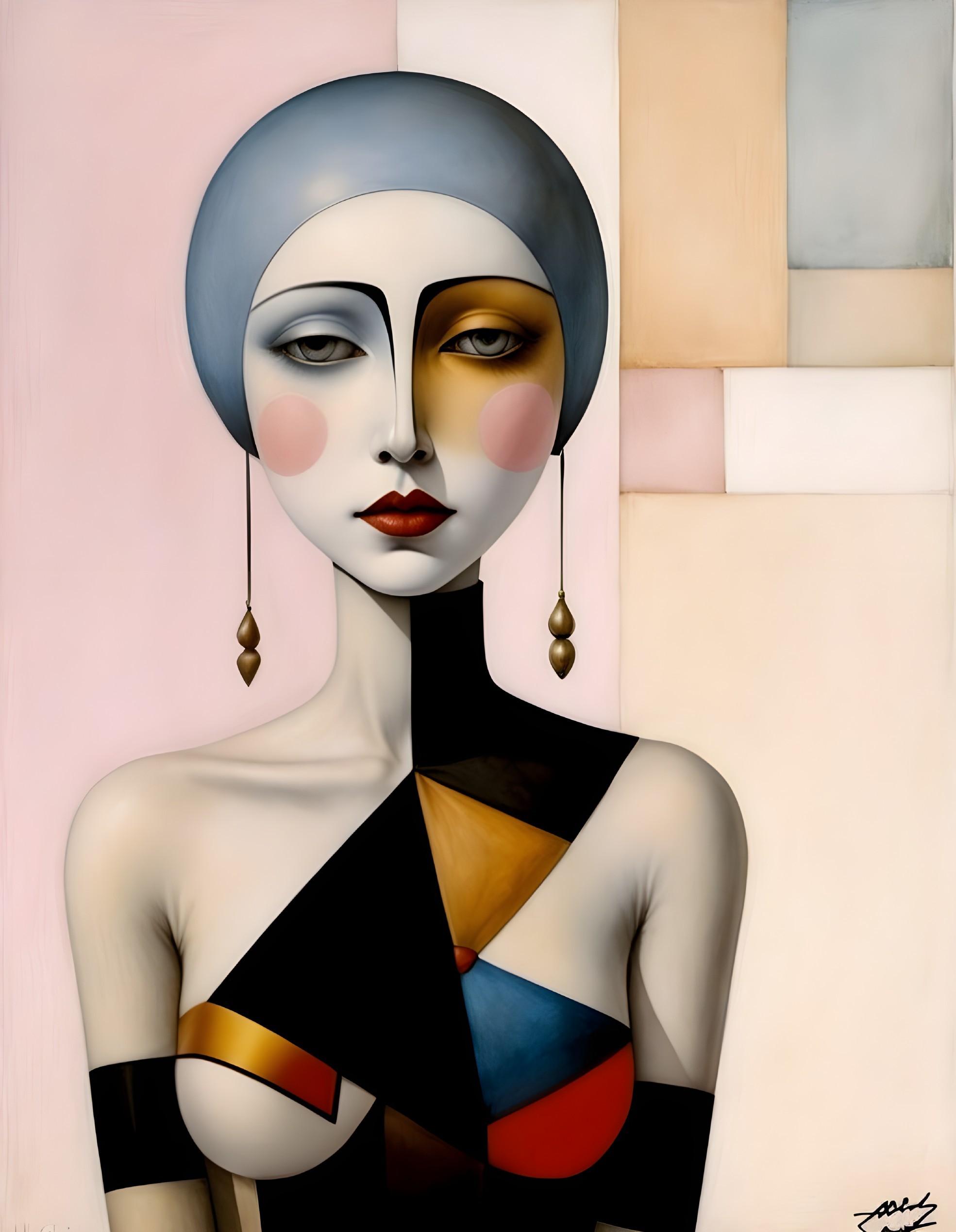 Stylized Female Figure with Geometric Patterns and Pastels