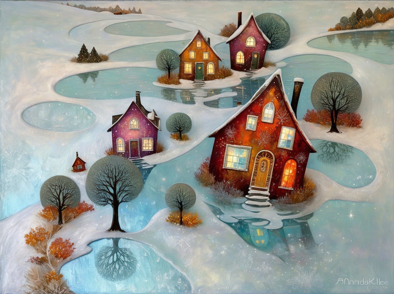 Whimsical Winter Village Oil Painting with Colorful Houses