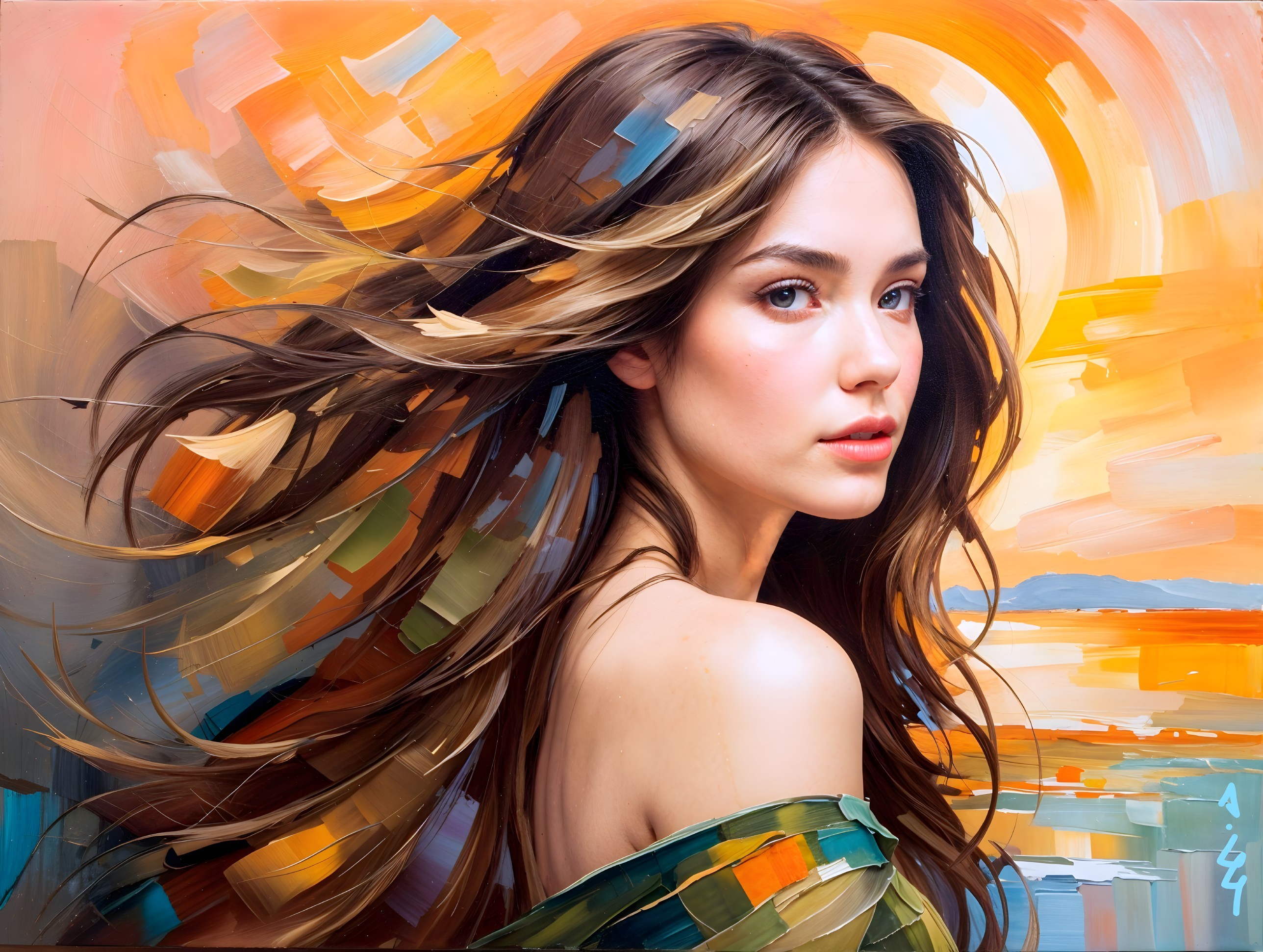 Young Woman in Profile with Colorful Sunset Background