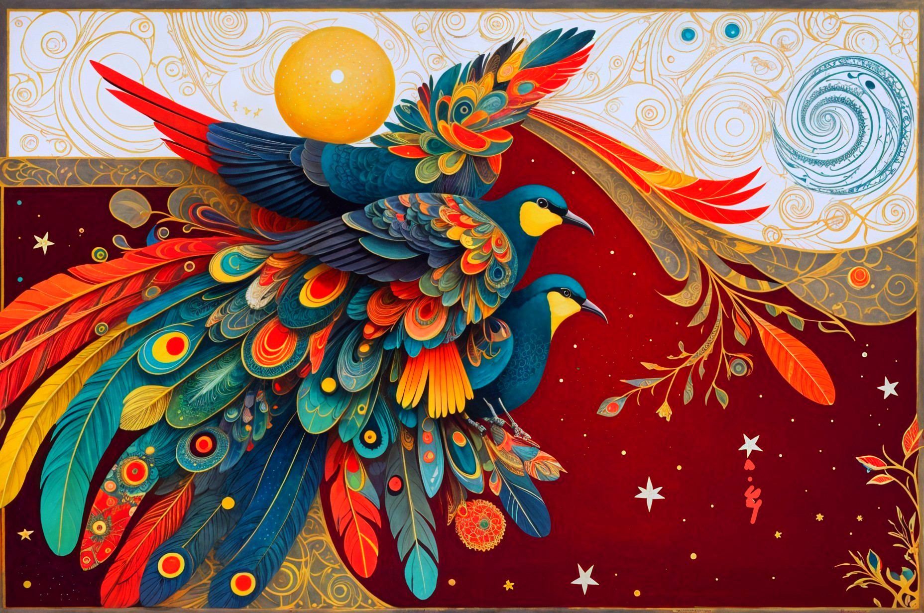 Vibrant Birds Against Deep Red Background with Motifs