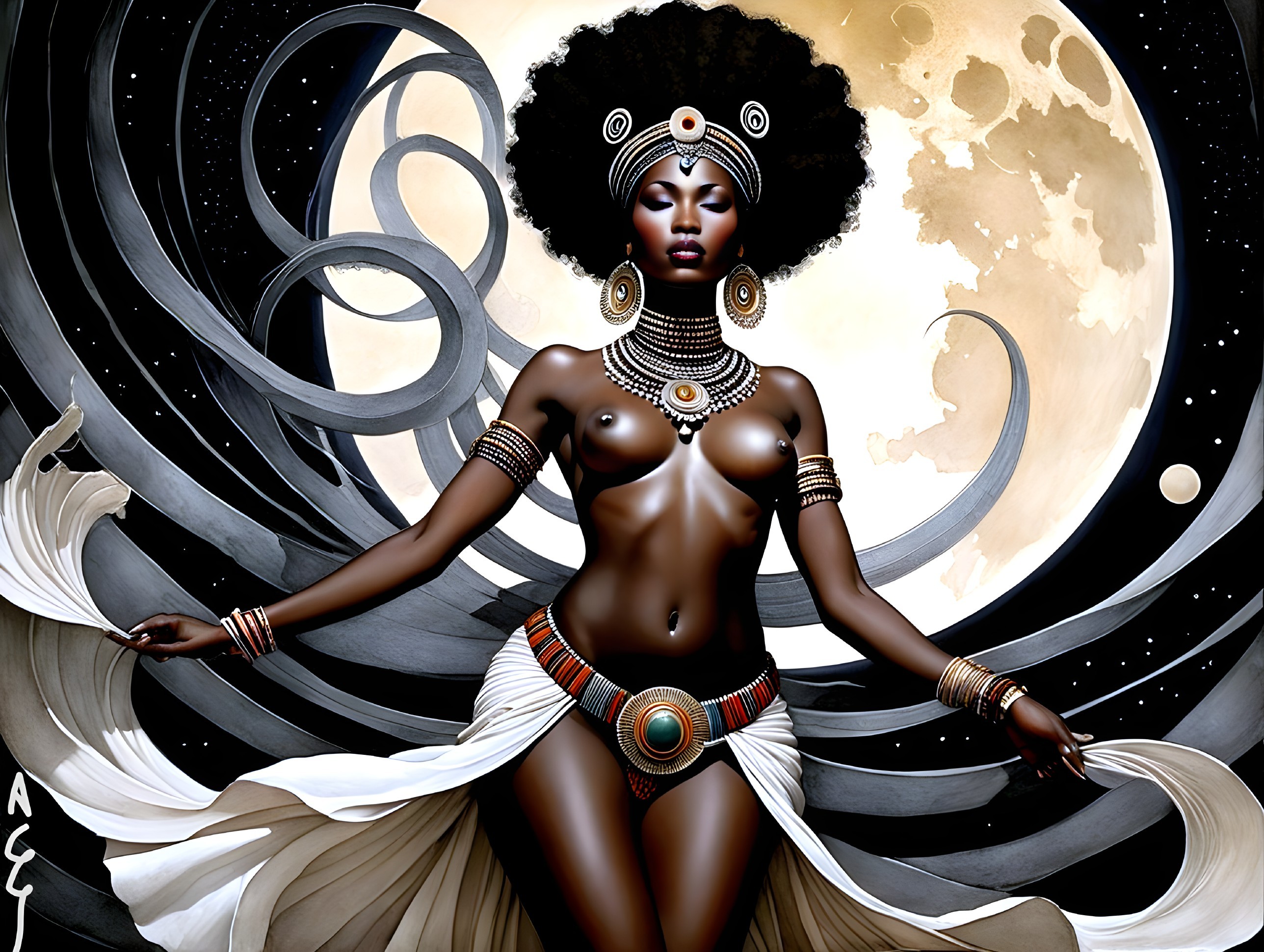 Ethereal Figure Against Celestial Moon Backdrop