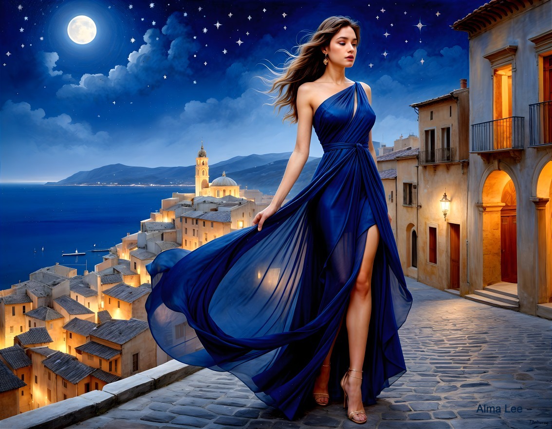 Elegant Woman in Blue Dress on Twilight Cobblestone Street