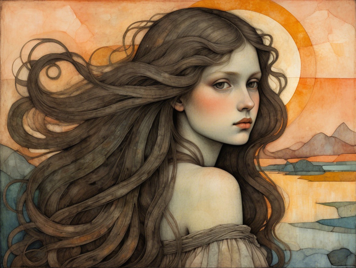 Young Woman in Tranquil Landscape with Warm Colors