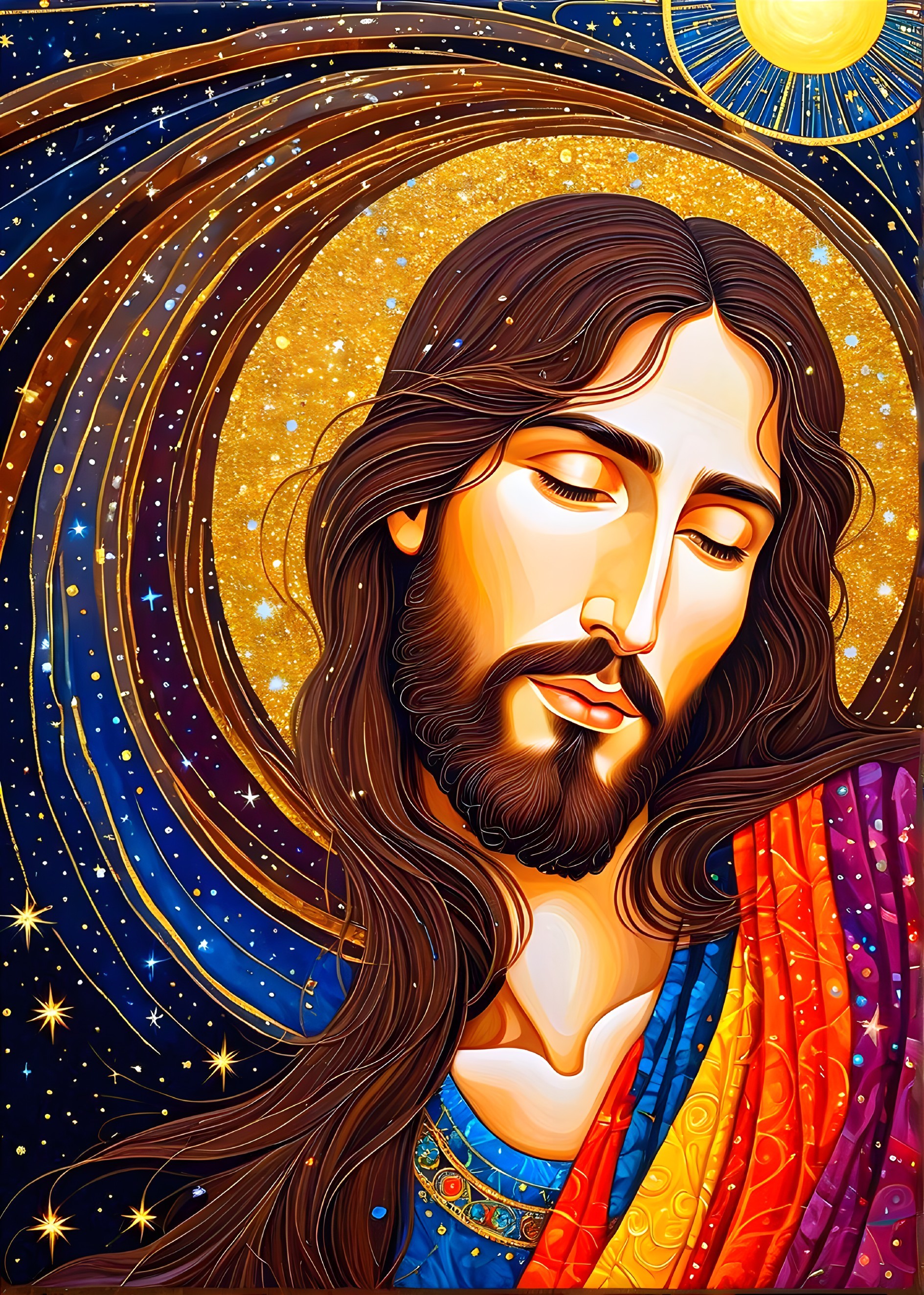 Stylized Portrait of Jesus Against Starry Night Sky