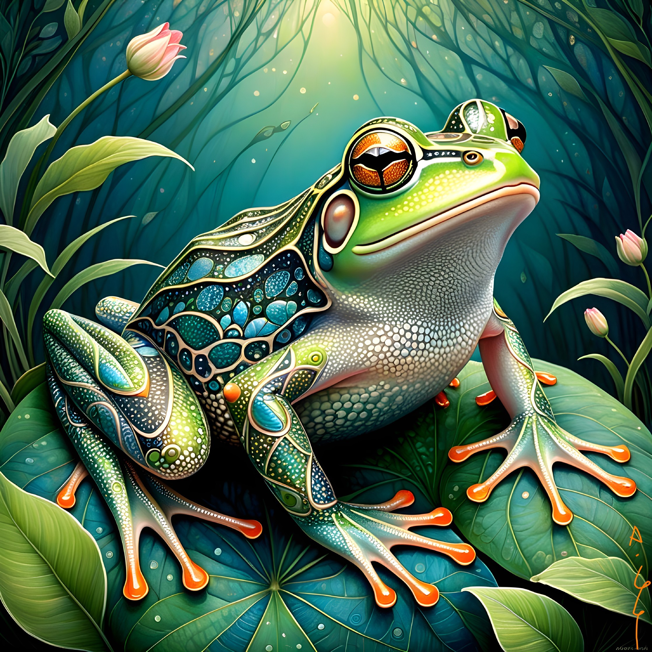 Vibrant Frog on Leaf in Mystical Forest Setting