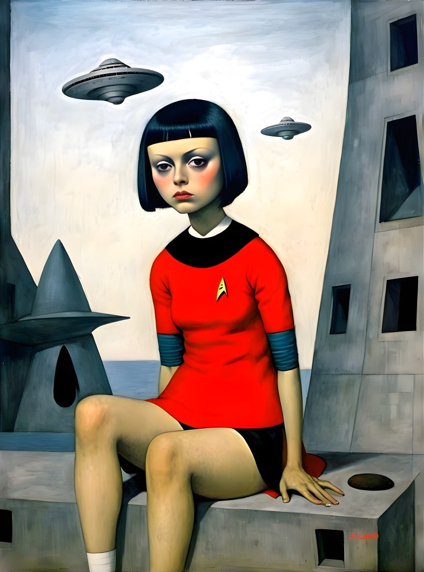 Young girl in red shirt on futuristic structure