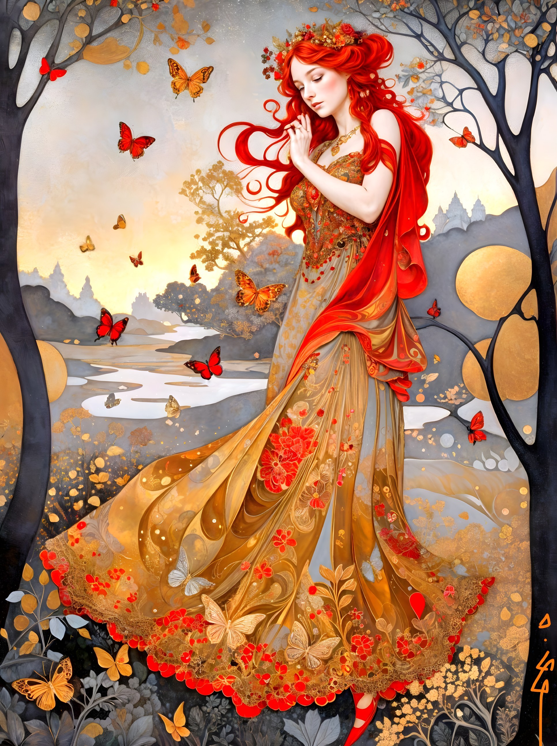 Serene Woman in Golden Gown in Enchanted Landscape