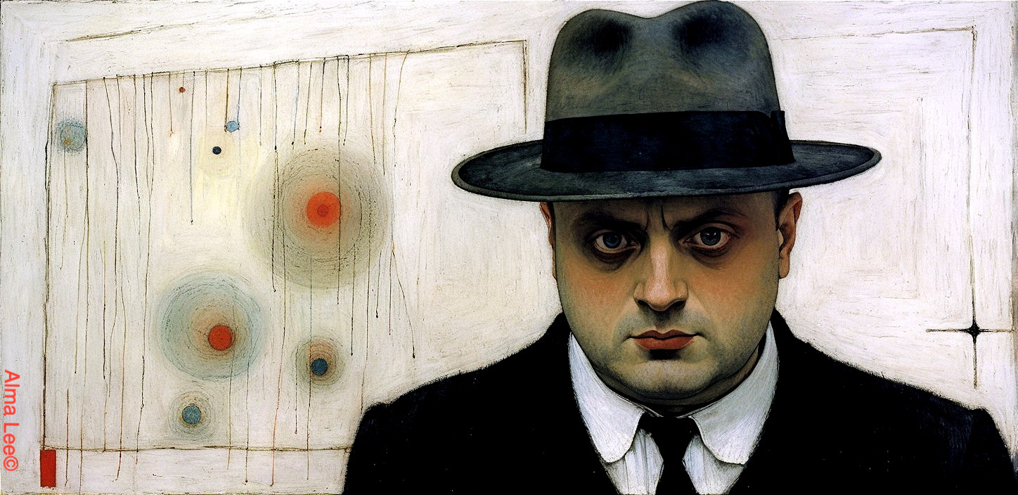 Solemn Man in Suit and Fedora Against Abstract Background