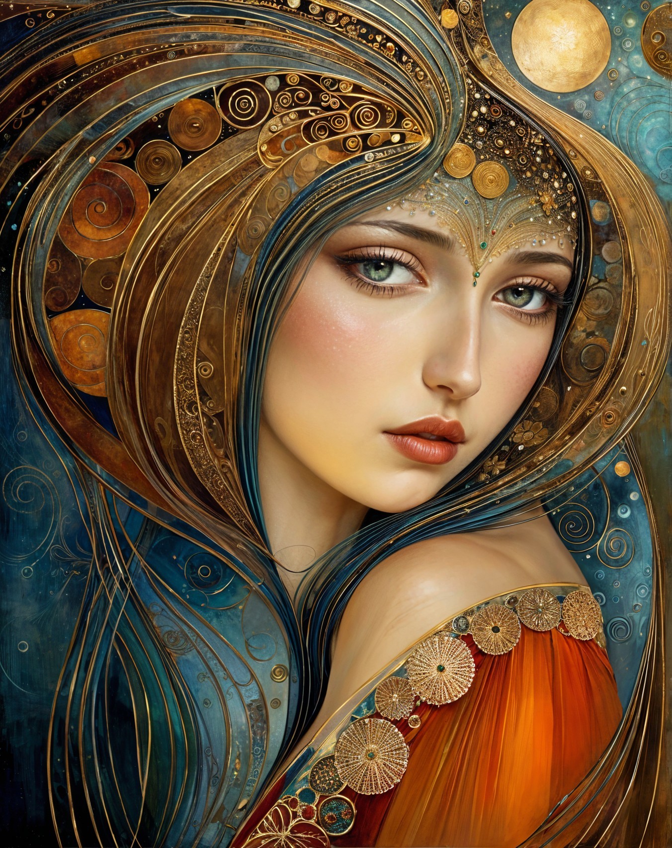 Portrait of a woman with ornate hair and moonlit background