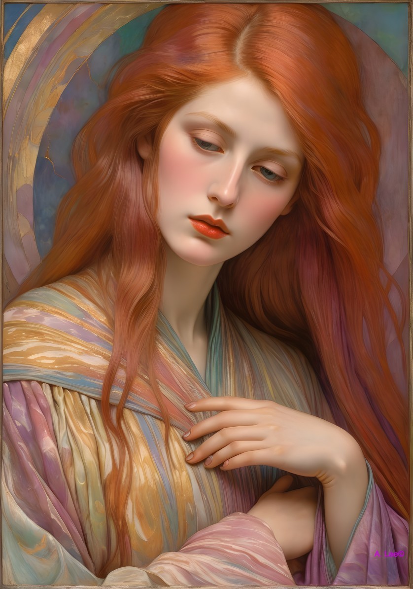 Young woman with reddish hair in pastel robe