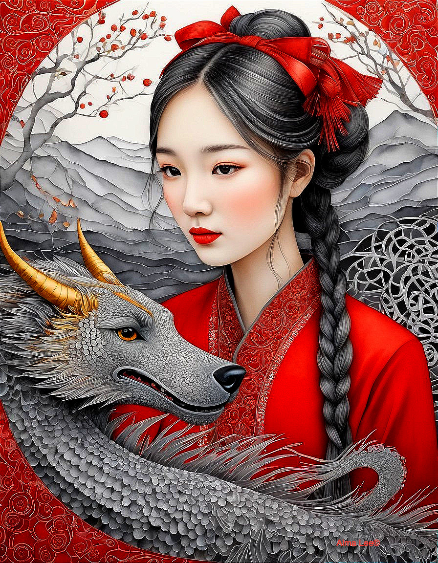 Young Woman in Red Attire with Mythical Dragon
