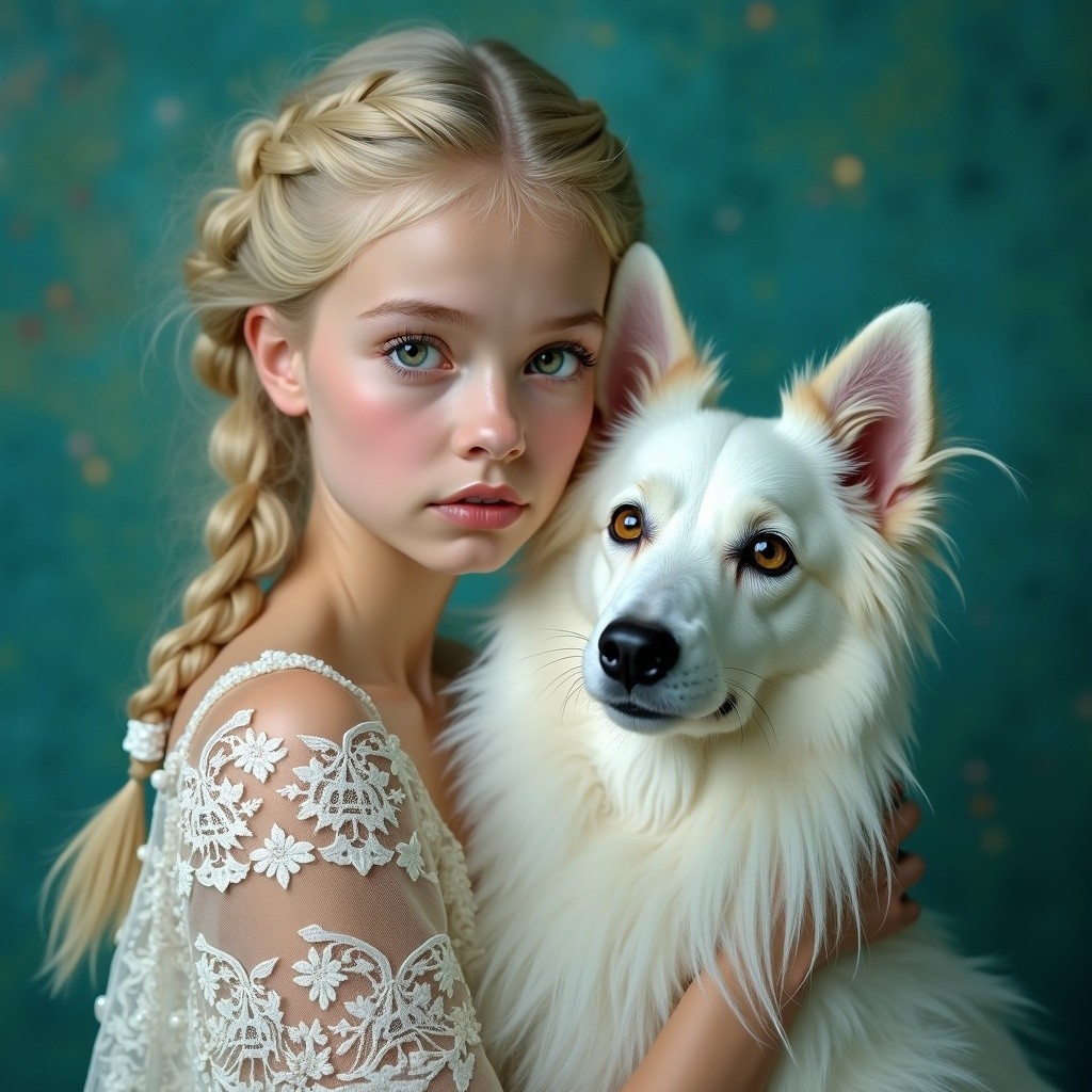 Young girl with braided hair holding a white dog