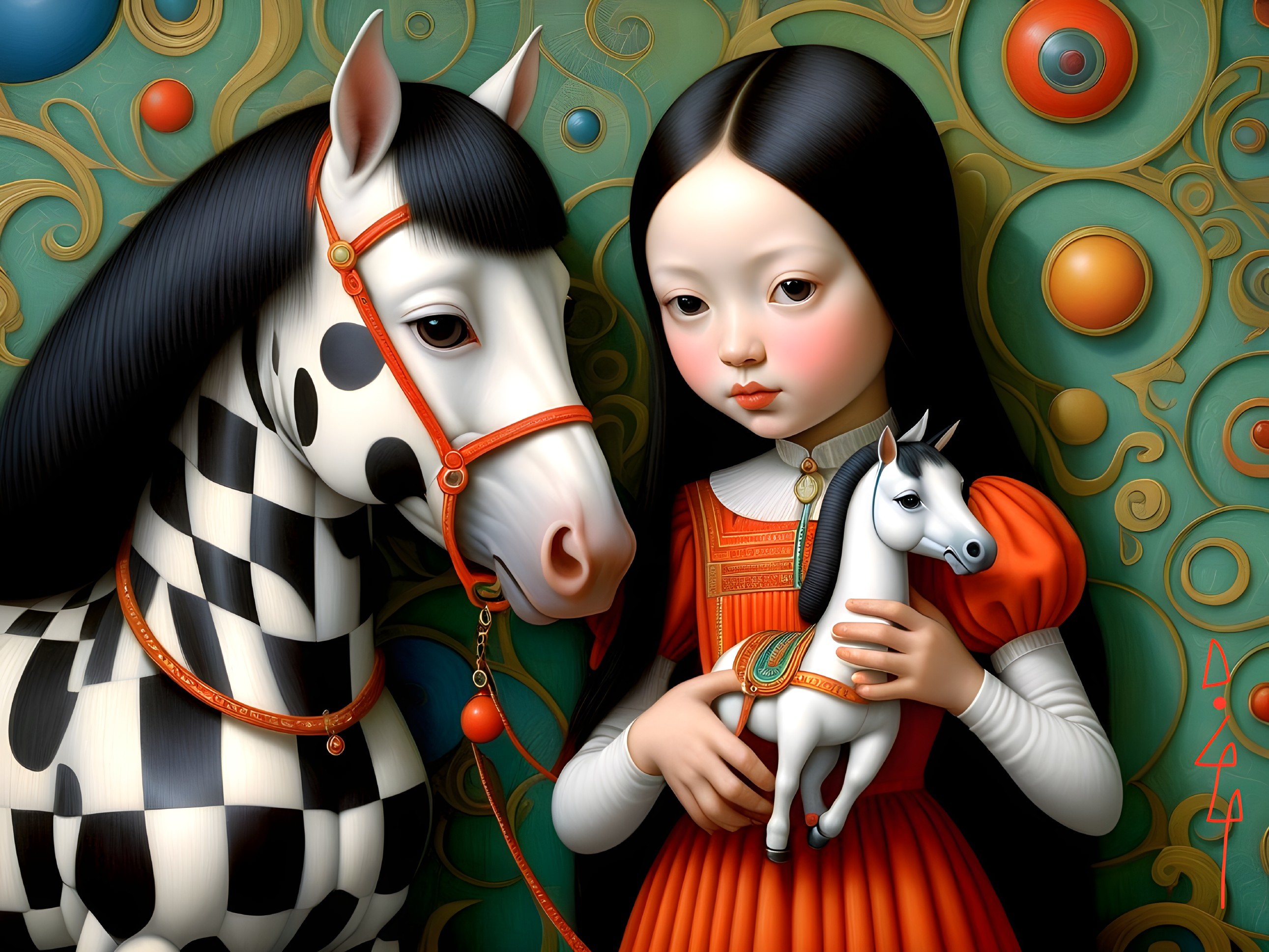 Young girl in orange dress with checkered horse and figure
