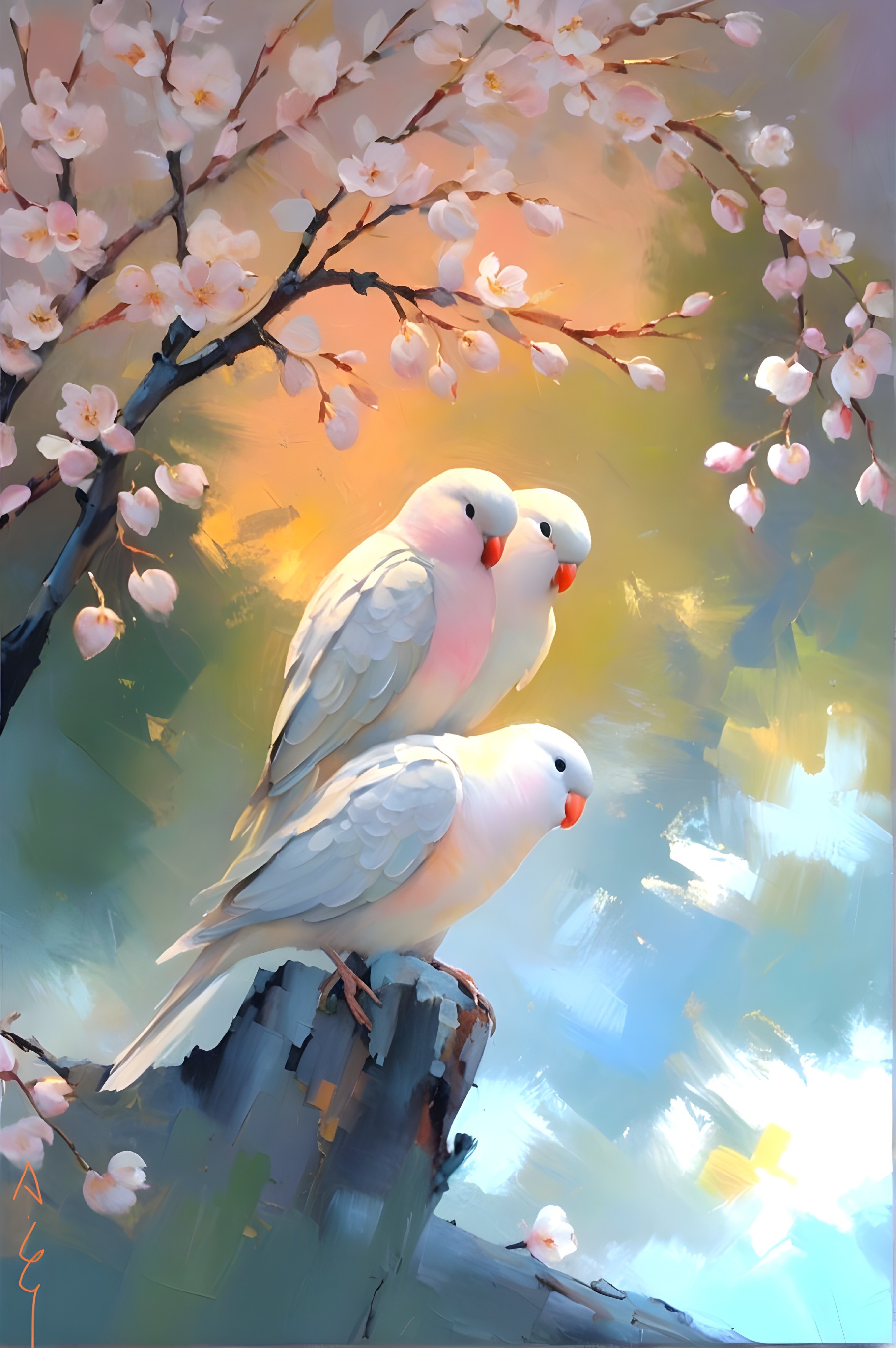 Elegant White Birds Among Cherry Blossoms Painting