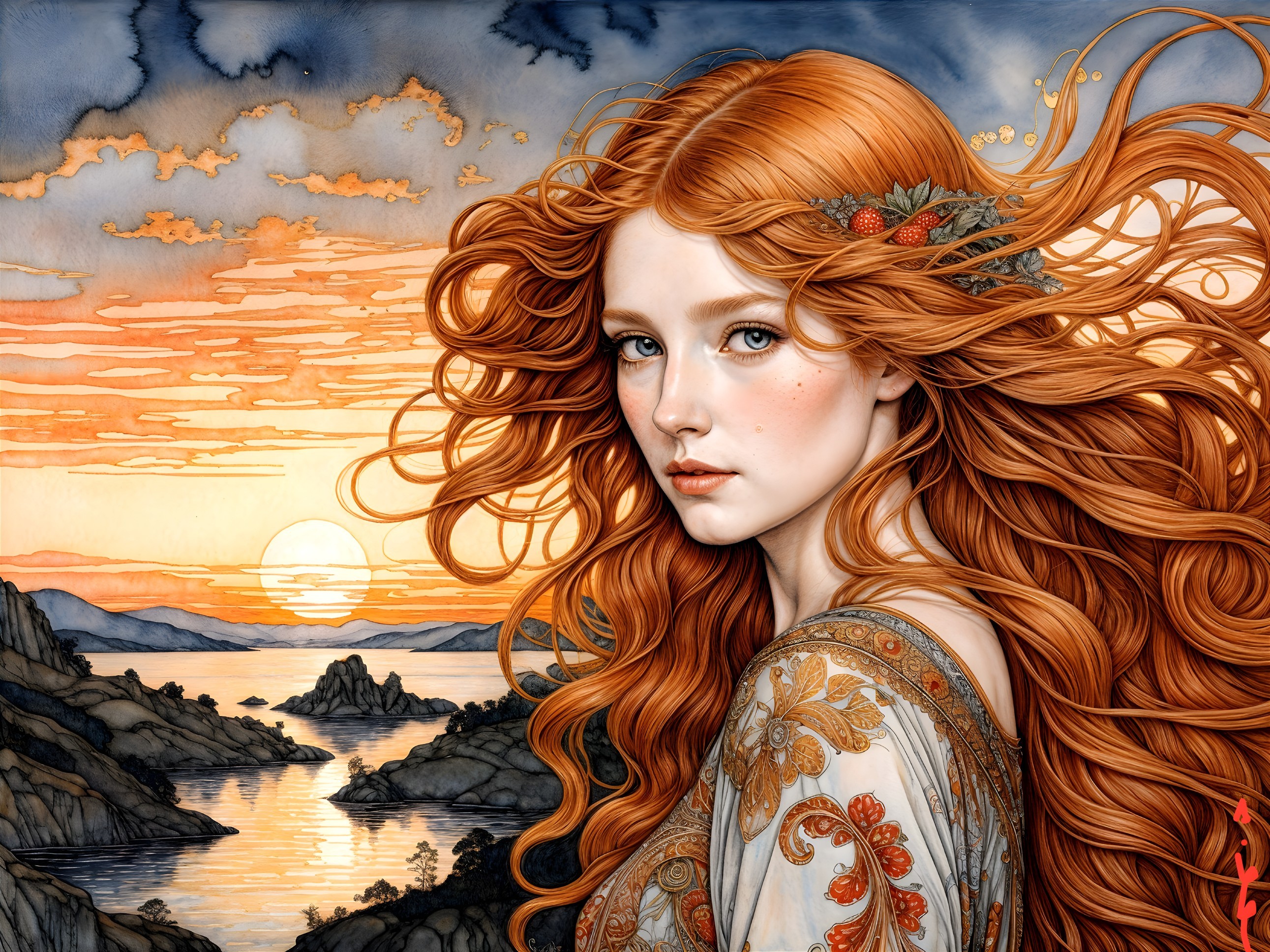 Young woman with red hair against a sunset landscape