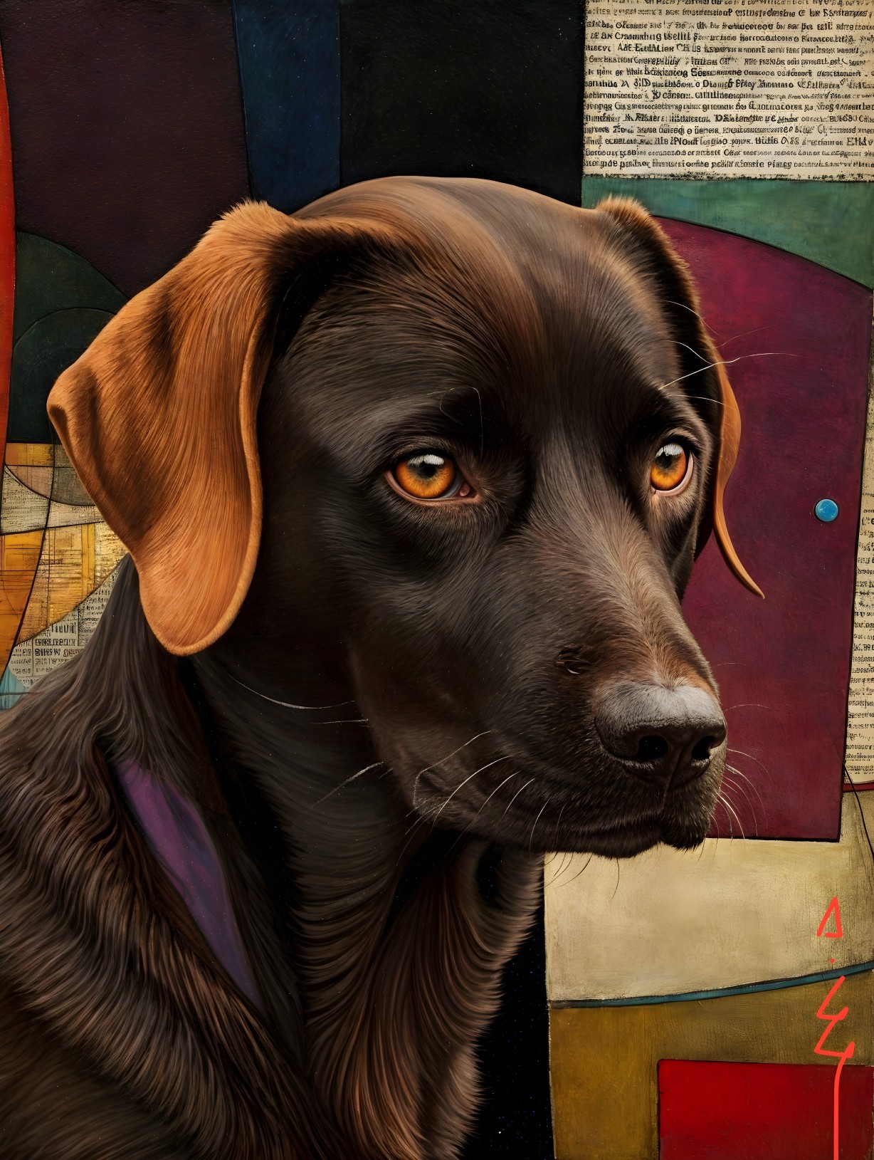Portrait of a brown dog with abstract background elements