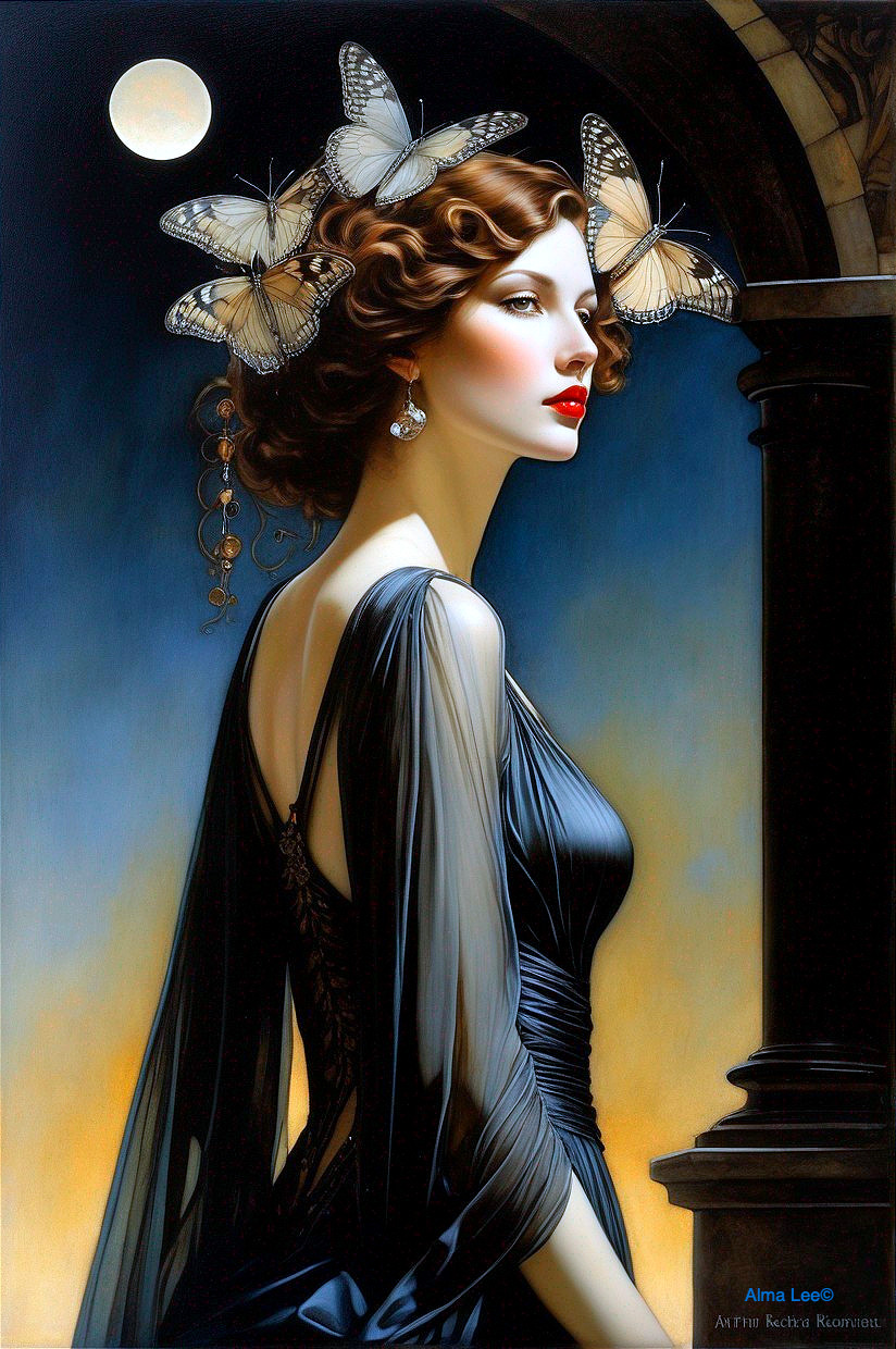 Graceful Woman in Black Dress with Butterflies and Moonlight