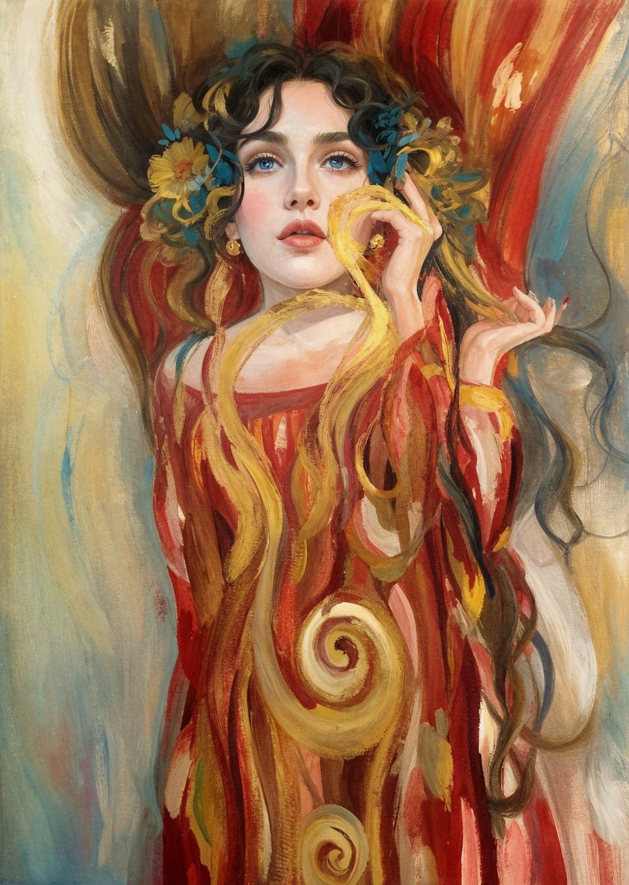 Woman with Flowing Hair and Floral Adornments