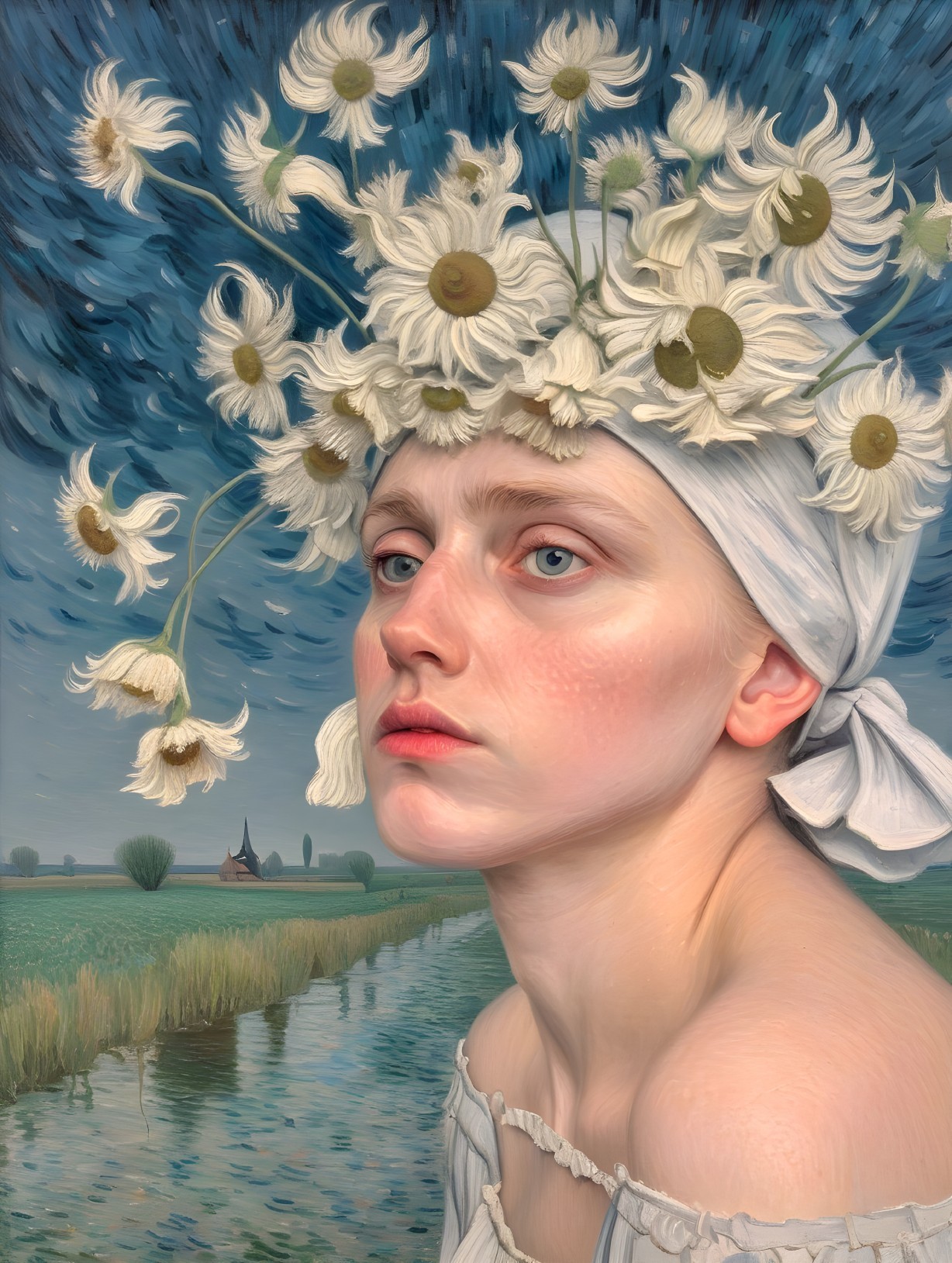 Young woman in a daisy crown in serene landscape