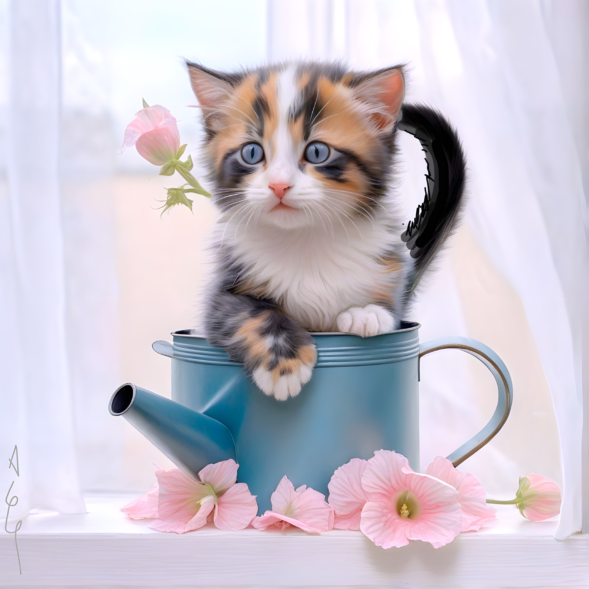 Calico Kitten in Watering Can with Flowers Background