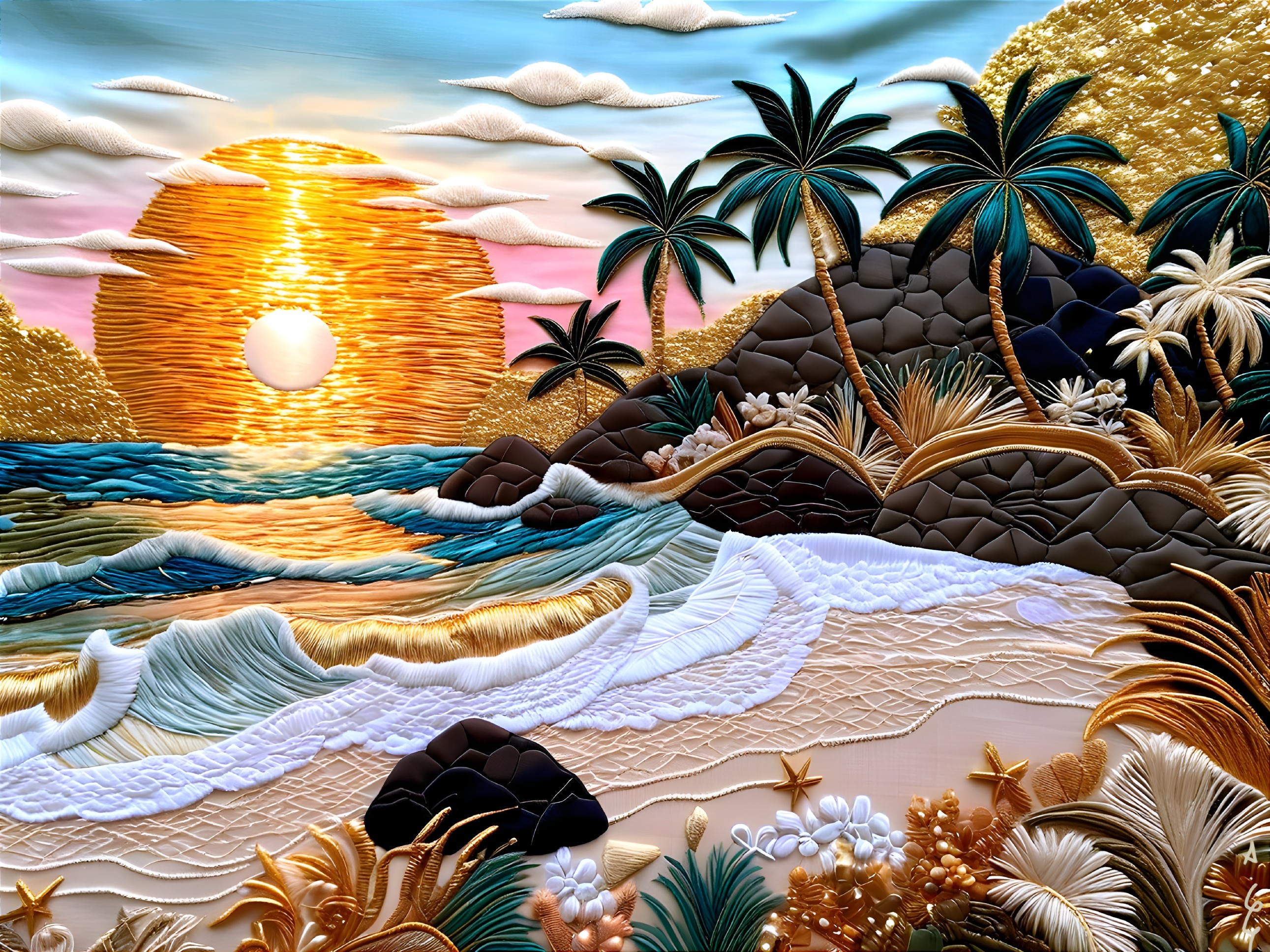 Vibrant Beach Scene with Sunset and Palm Trees