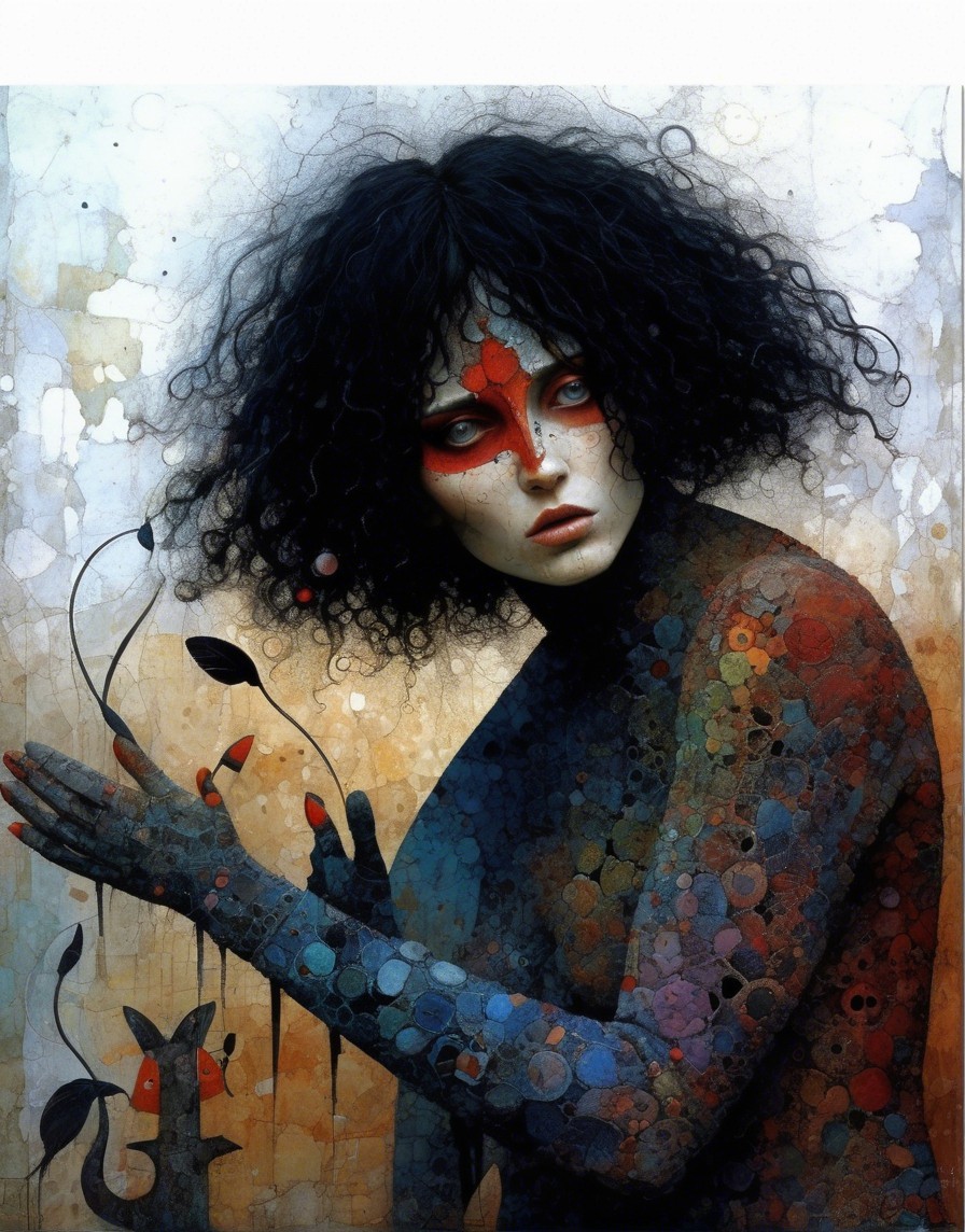 Figure with Colorful Patterns and Nature Elements