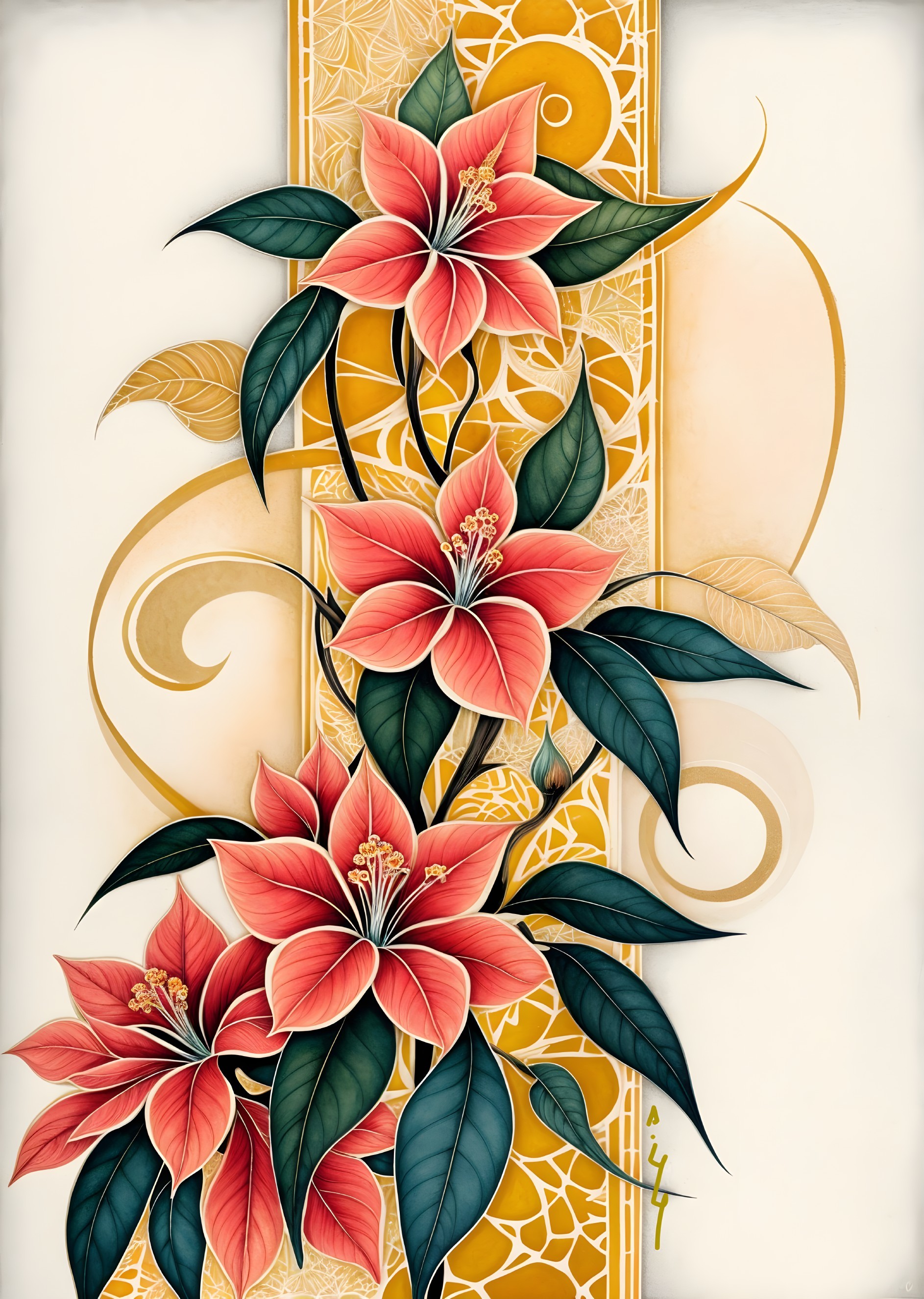 Vibrant Poinsettia Flowers with Golden Framing