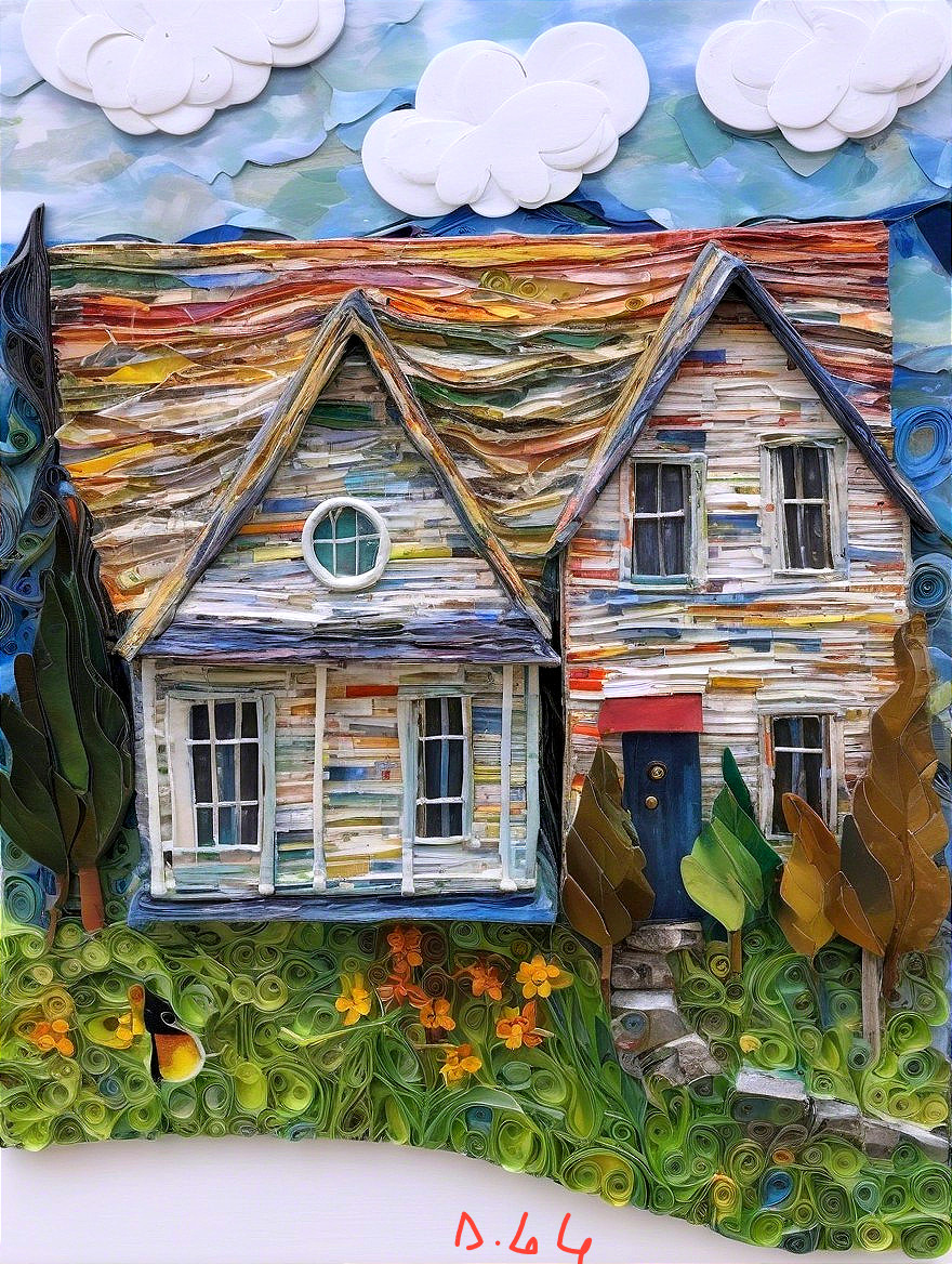 Colorful Quilled Paper House with Lush Surroundings