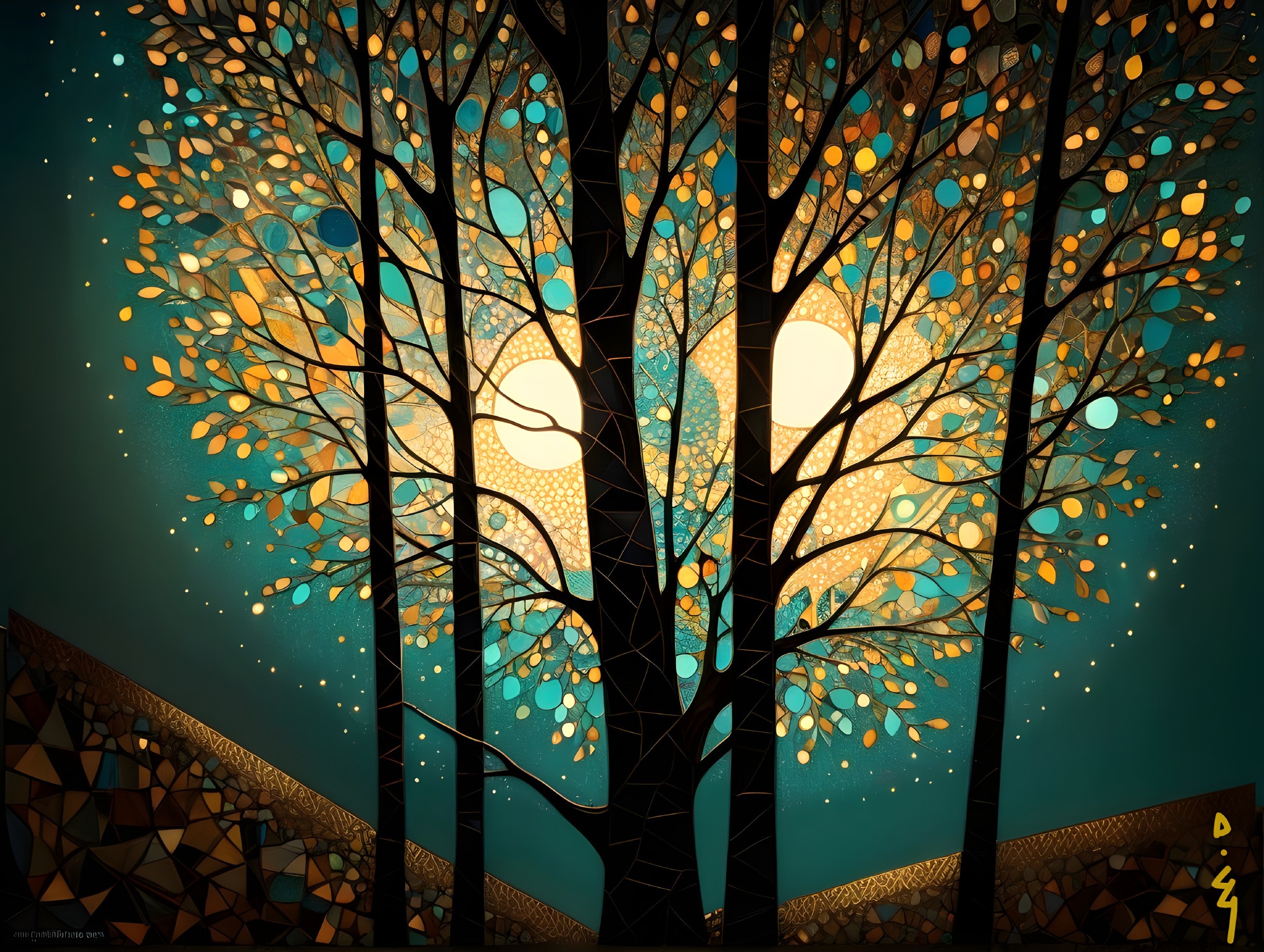 Stylized tree with vibrant leaves and glowing suns