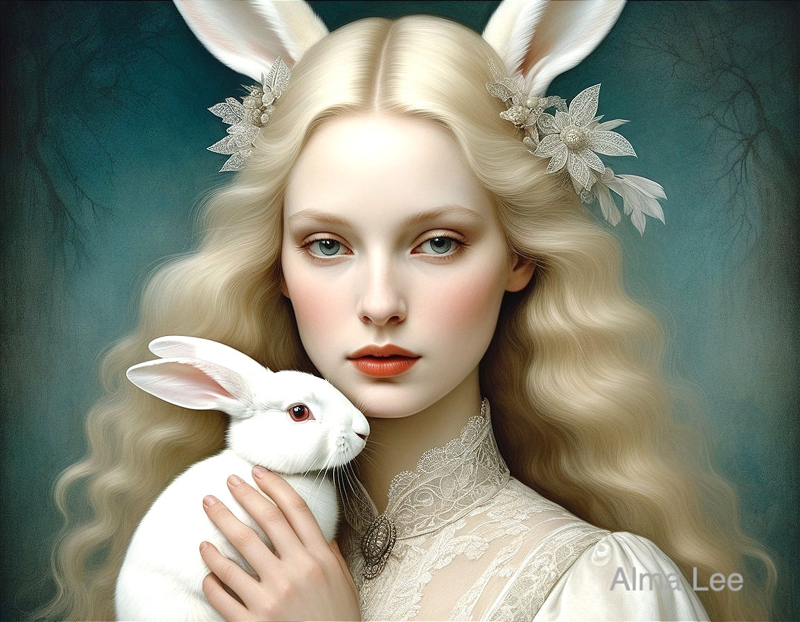 Ethereal Young Woman with Rabbit in Dreamlike Setting