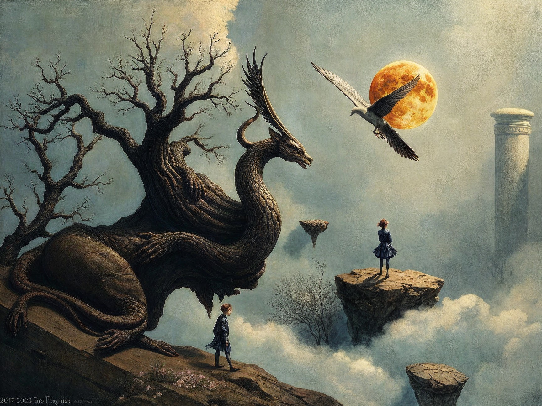 Surreal Landscape with Dragon and Golden Moon