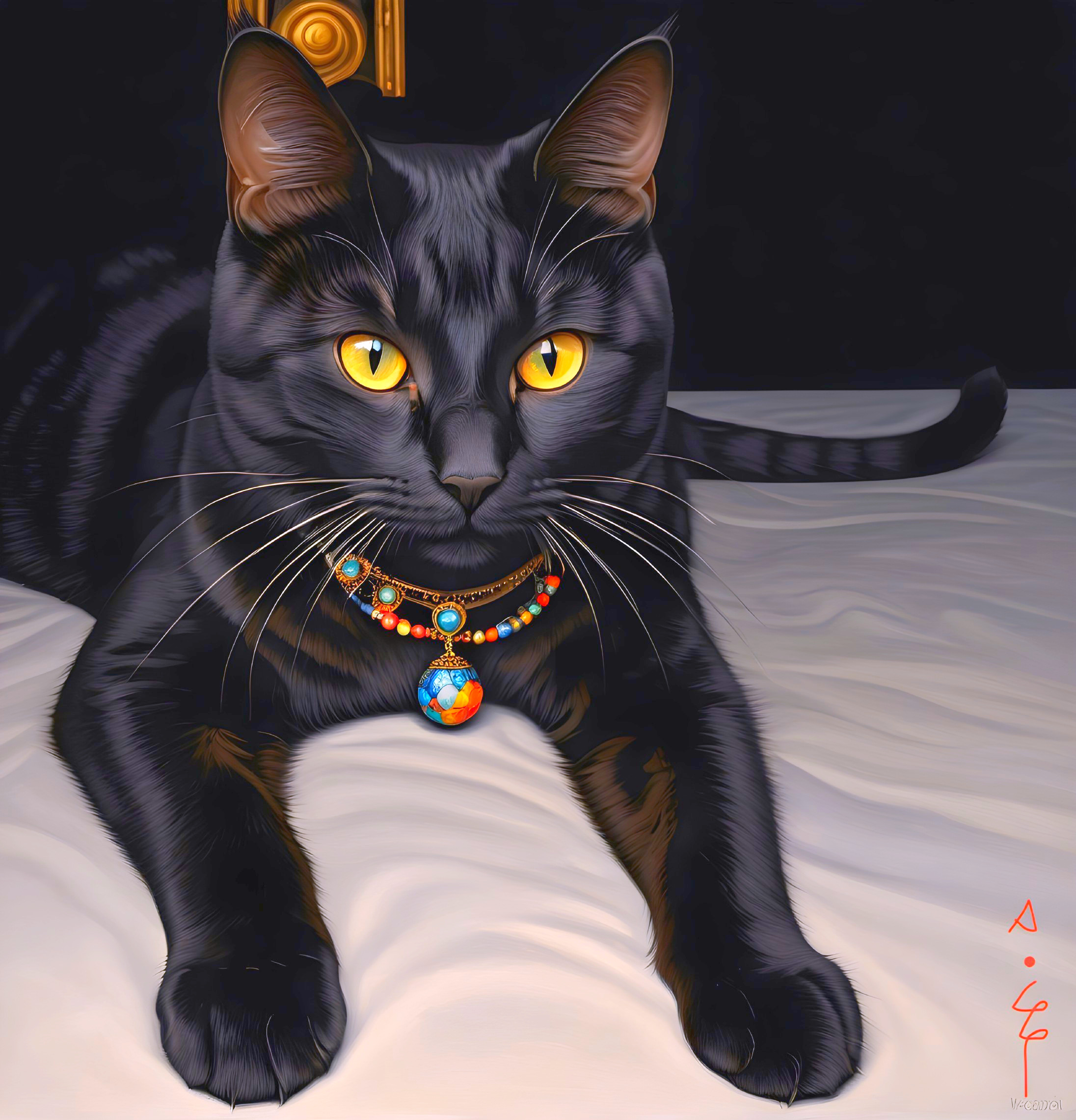 Black Cat with Yellow Eyes and Colorful Necklace