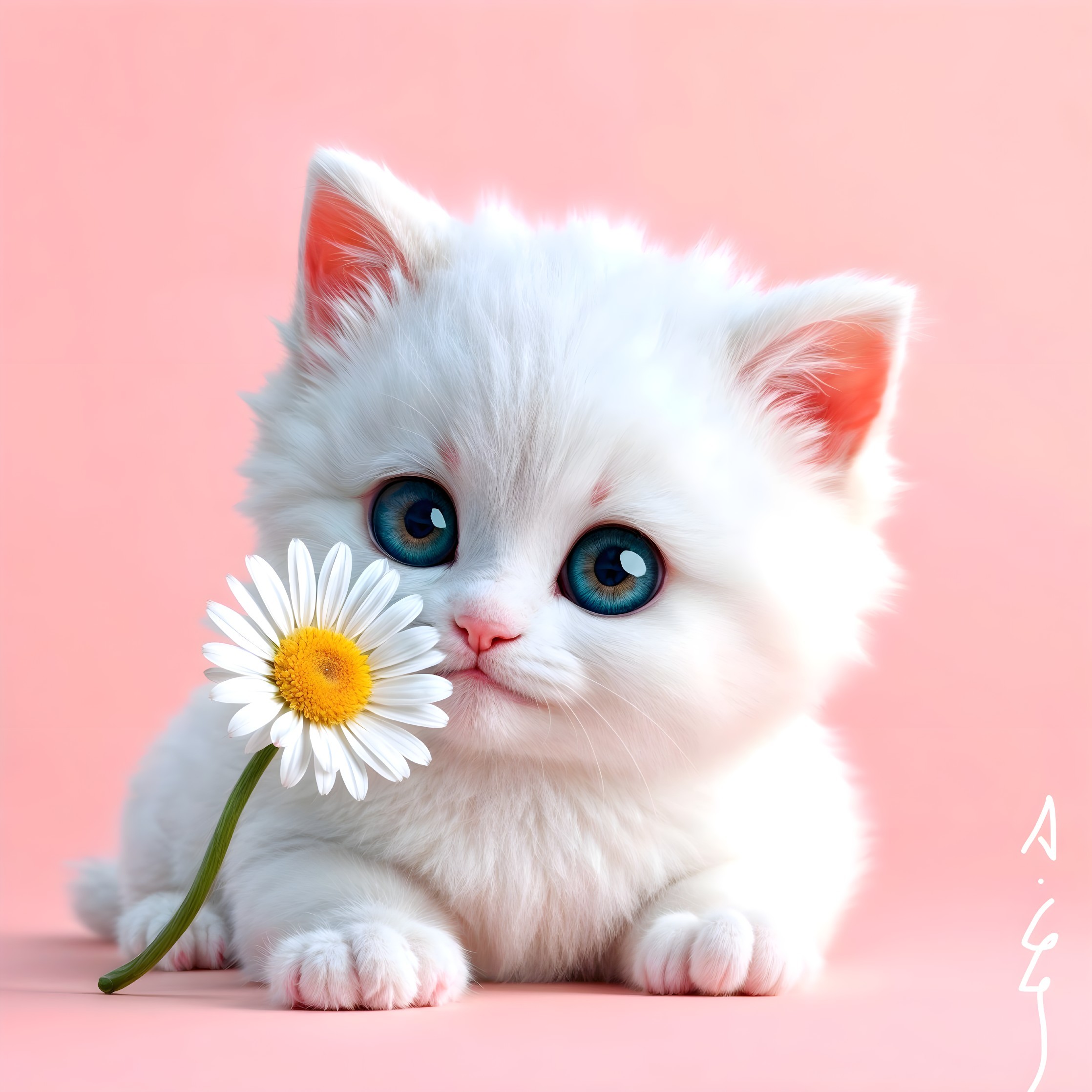 Fluffy White Kitten with Blue Eyes and Daisy on Pink Background