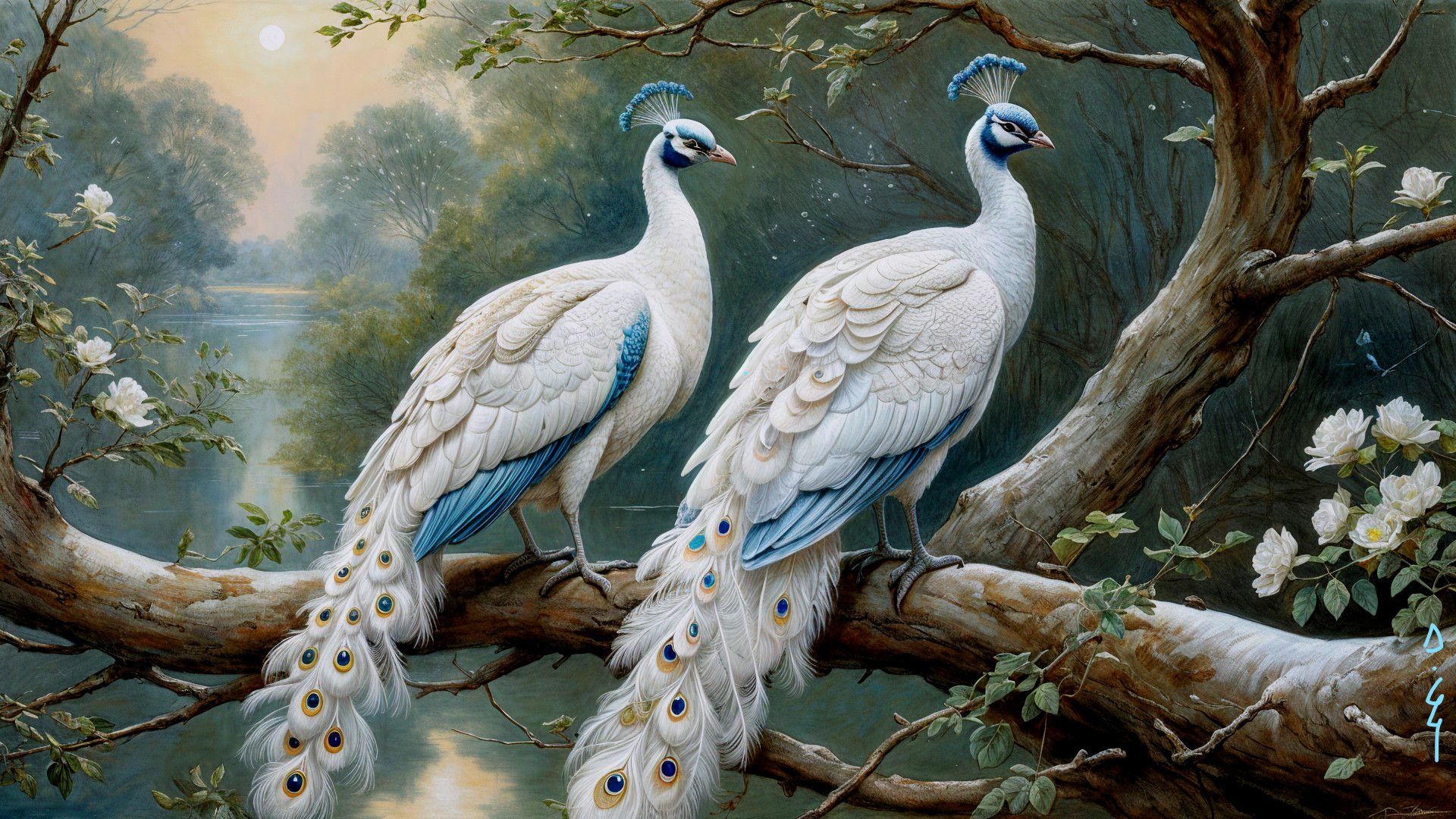 Elegant white peacocks on a lush branch by a river