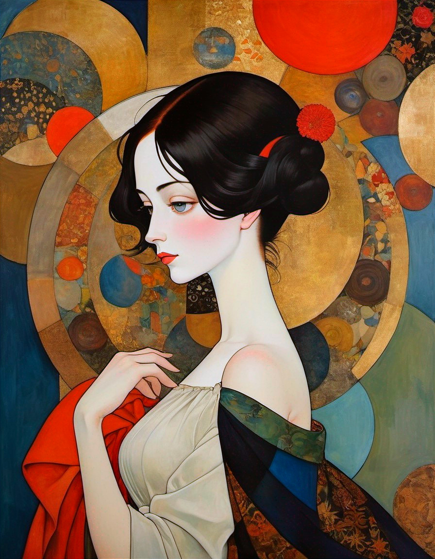 Woman in Elegant Garment with Intricate Background