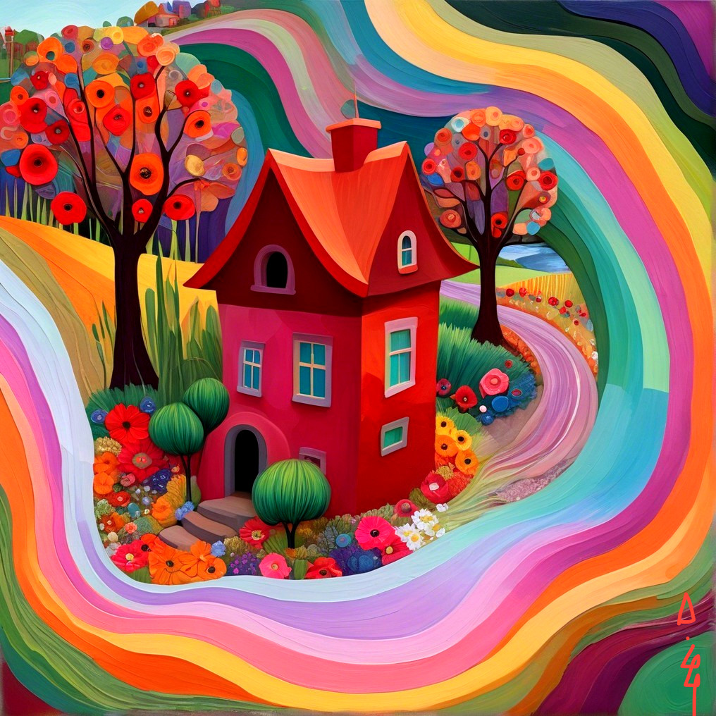 Vibrant Red House Surrounded by Colorful Nature