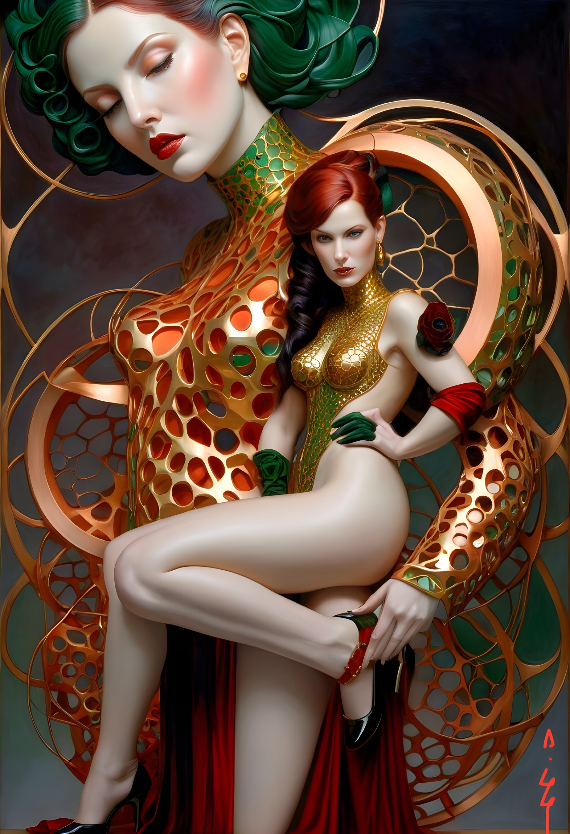 Elegant Women with Colorful Hair in Fantasy Setting