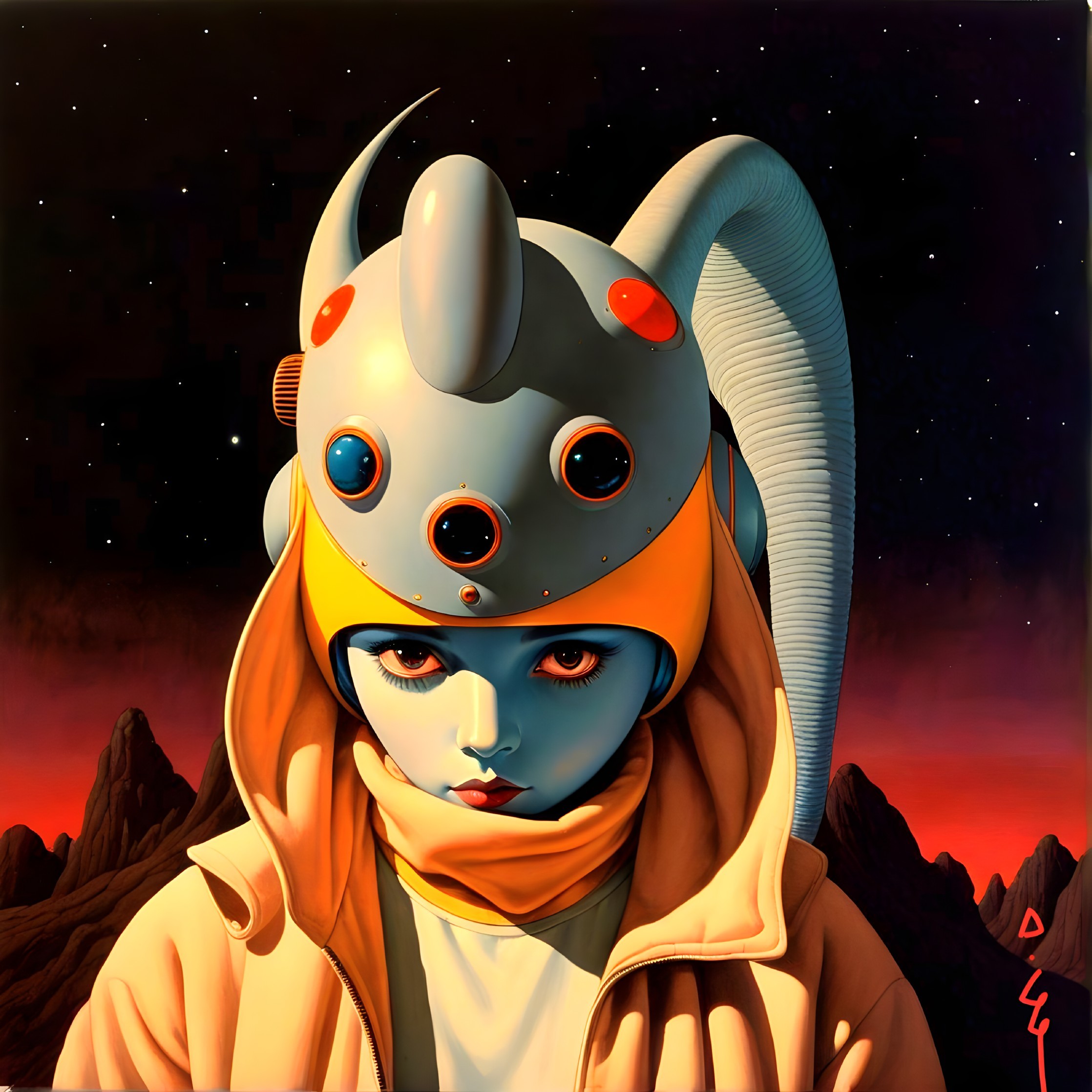 Futuristic character with blue skin and helmet in landscape
