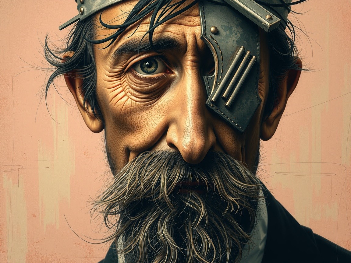 Elderly Man with Weathered Face and Eye Apparatus