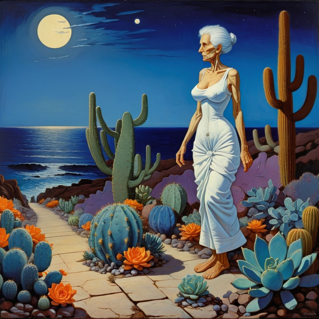 Elderly Woman in White Gown on Moonlit Stone Path