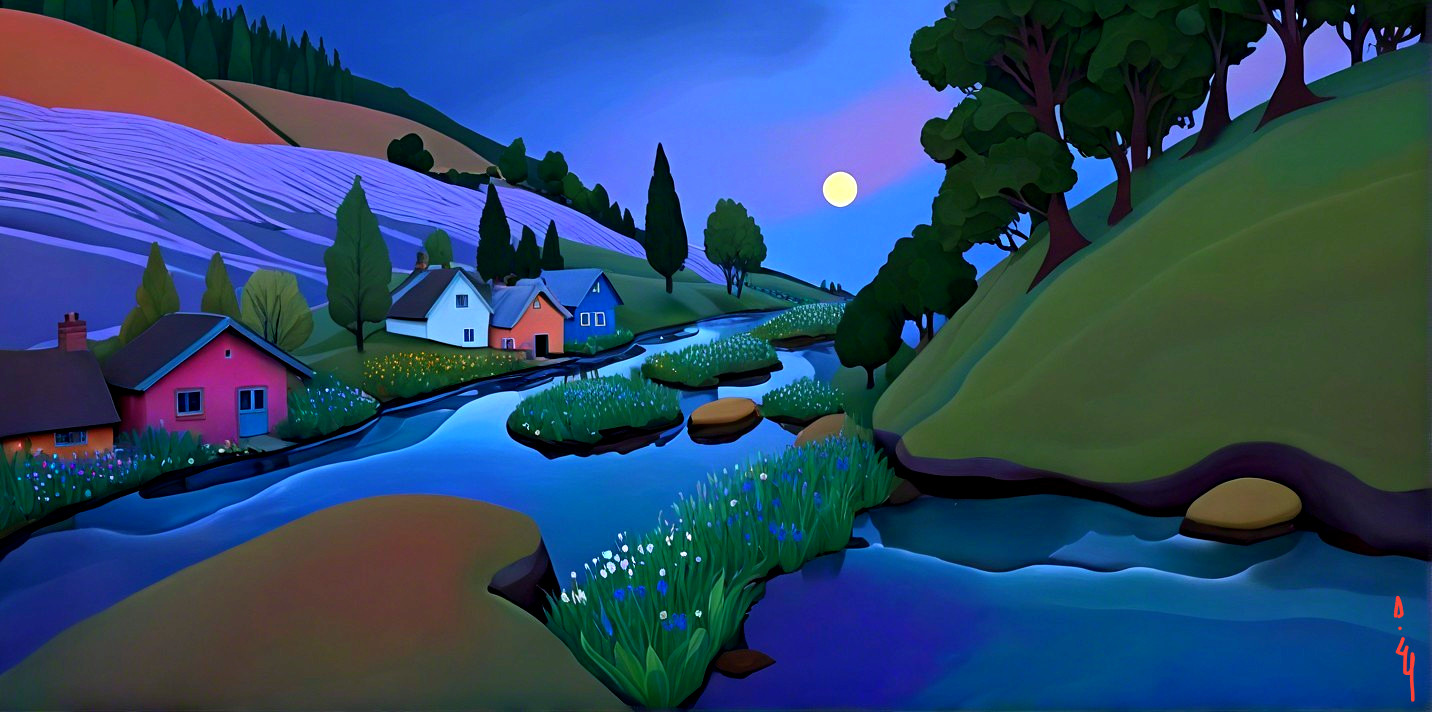 Serene Dusk Landscape with River and Colorful Houses