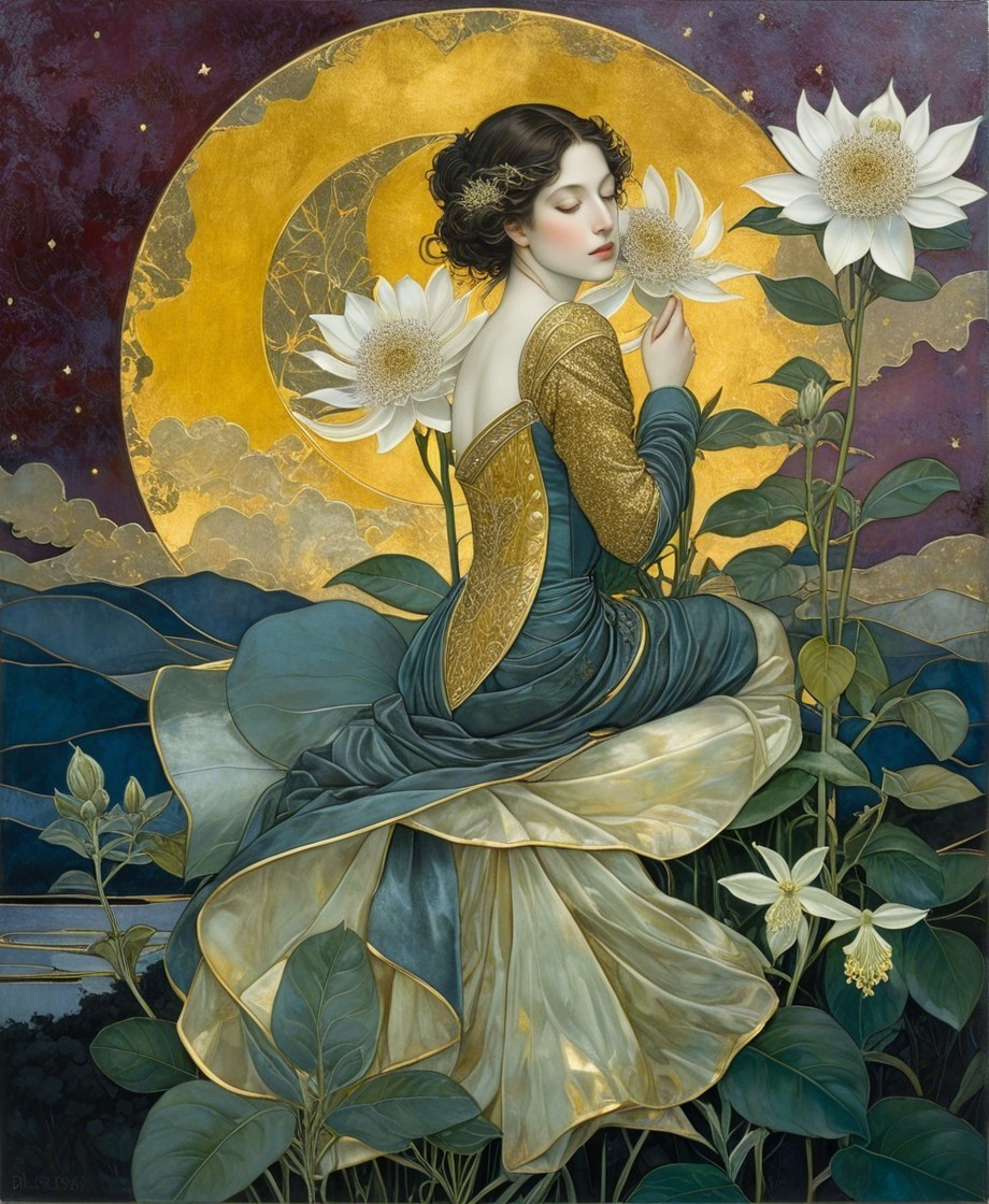 Serene Figure Surrounded by Lush Greenery and Moonlight