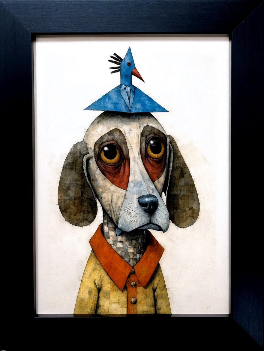 Whimsical Dog with Bird in Geometric Style Artwork