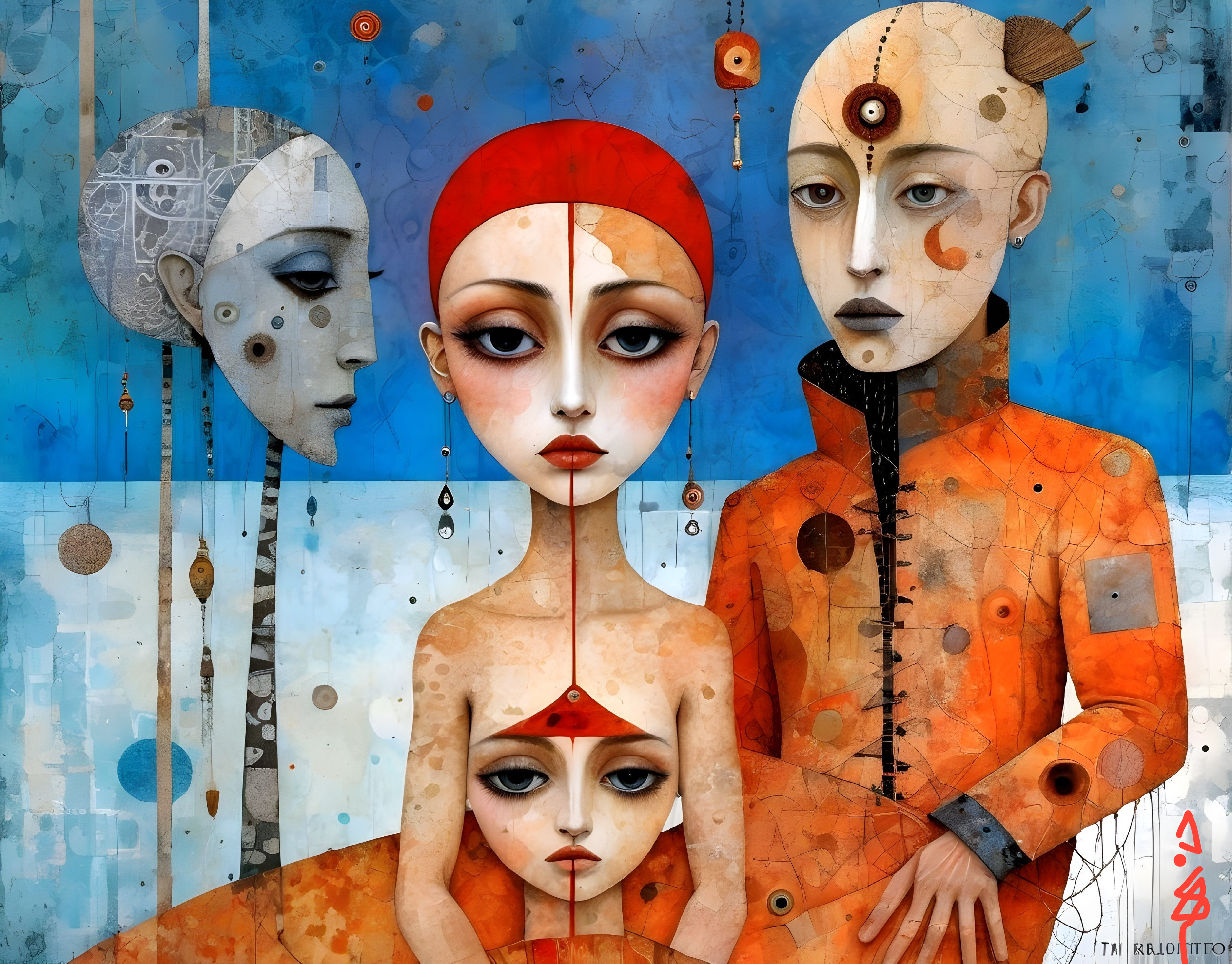 Three Stylized Figures on Dreamy Blue Background