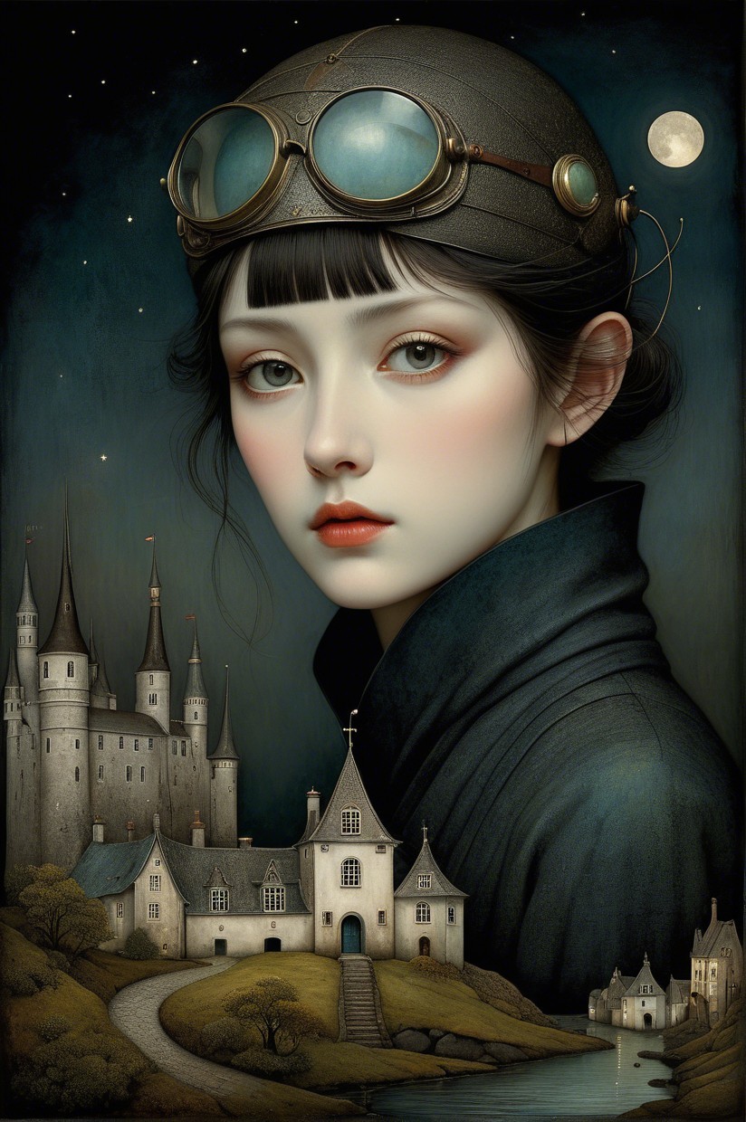 Young woman in vintage aviator cap near whimsical castle
