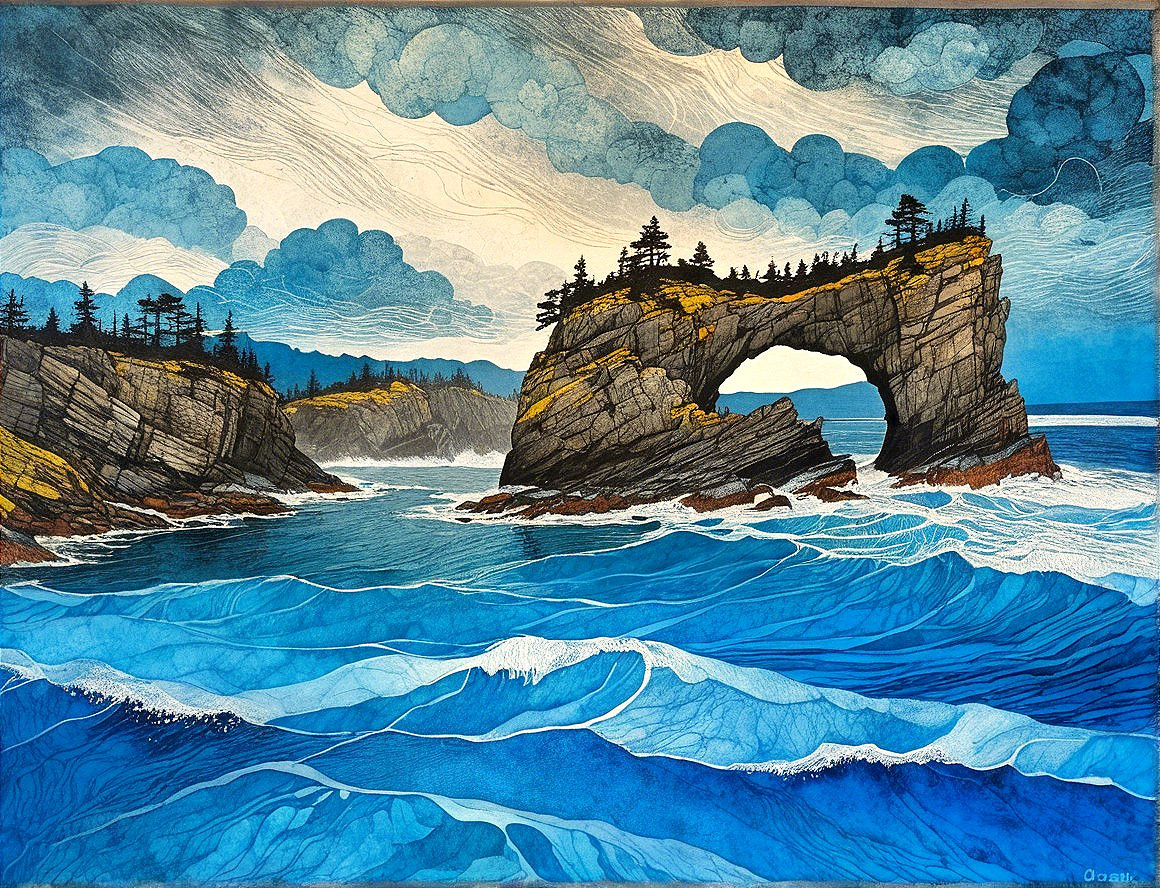 Coastal Scene with Rocky Arch and Dramatic Clouds