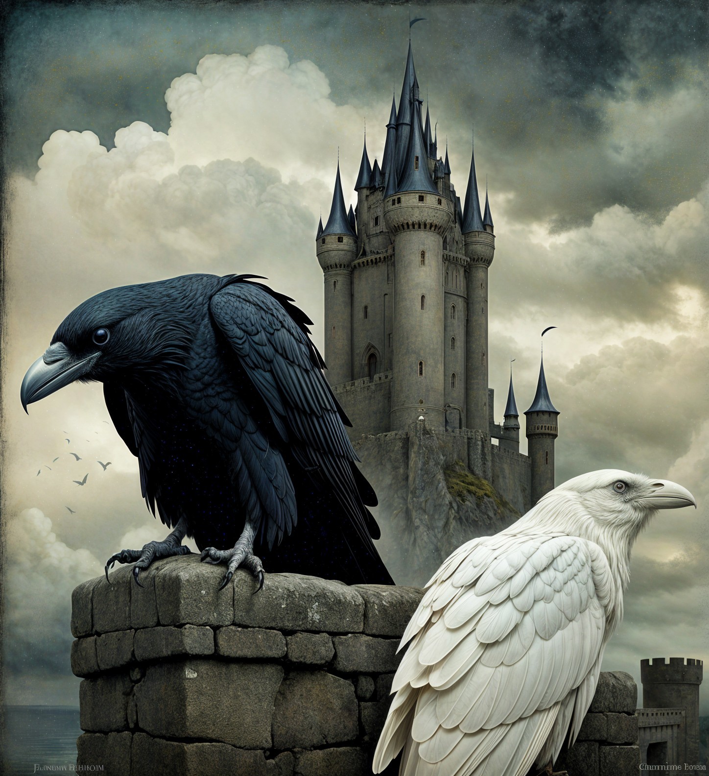 Raven and Eagle Overlooking Medieval Castle Landscape