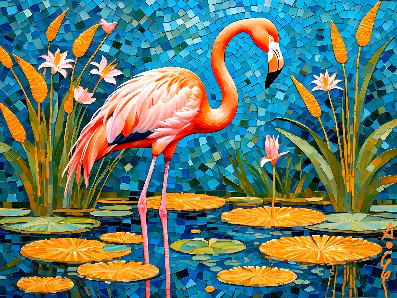 Vibrant Mosaic of Flamingo and Water Lilies
